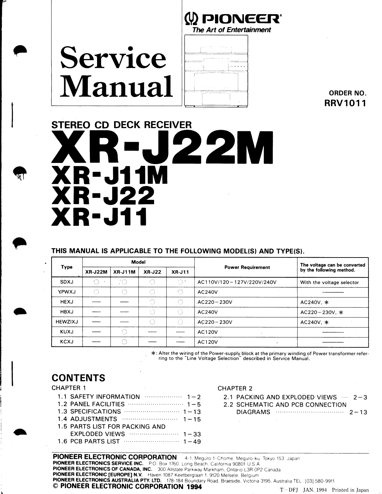 Pioneer XRJ-11, XRJ-11-M, XRJ-22, XRJ-22-M Service manual