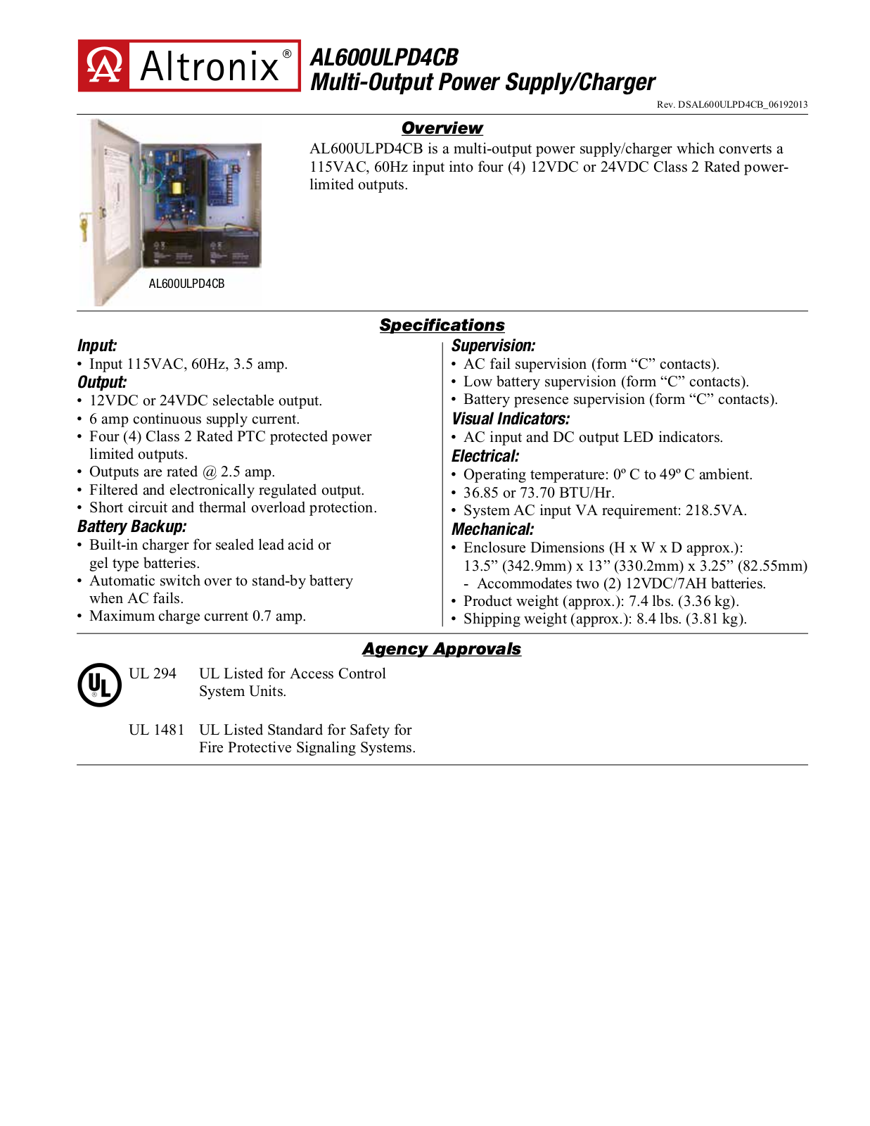 Altronix AL600ULPD4CB Specsheet