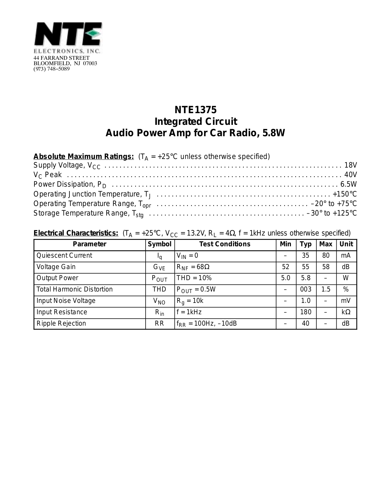 Datasheet NTE1375 Datasheet (NTE) - ManualMachine.com