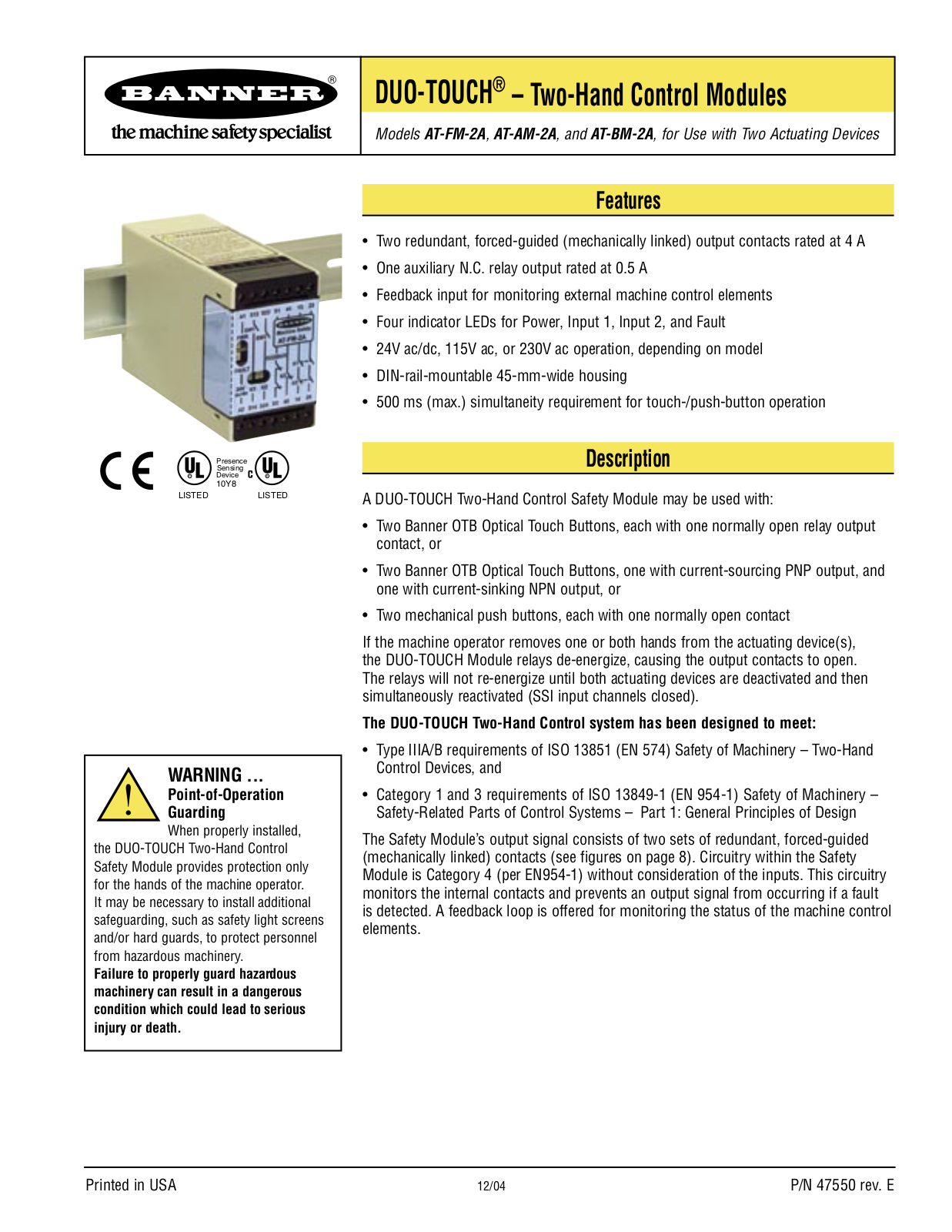 Banner DUO-TOUCH Two-Hand Control Modules User Manual