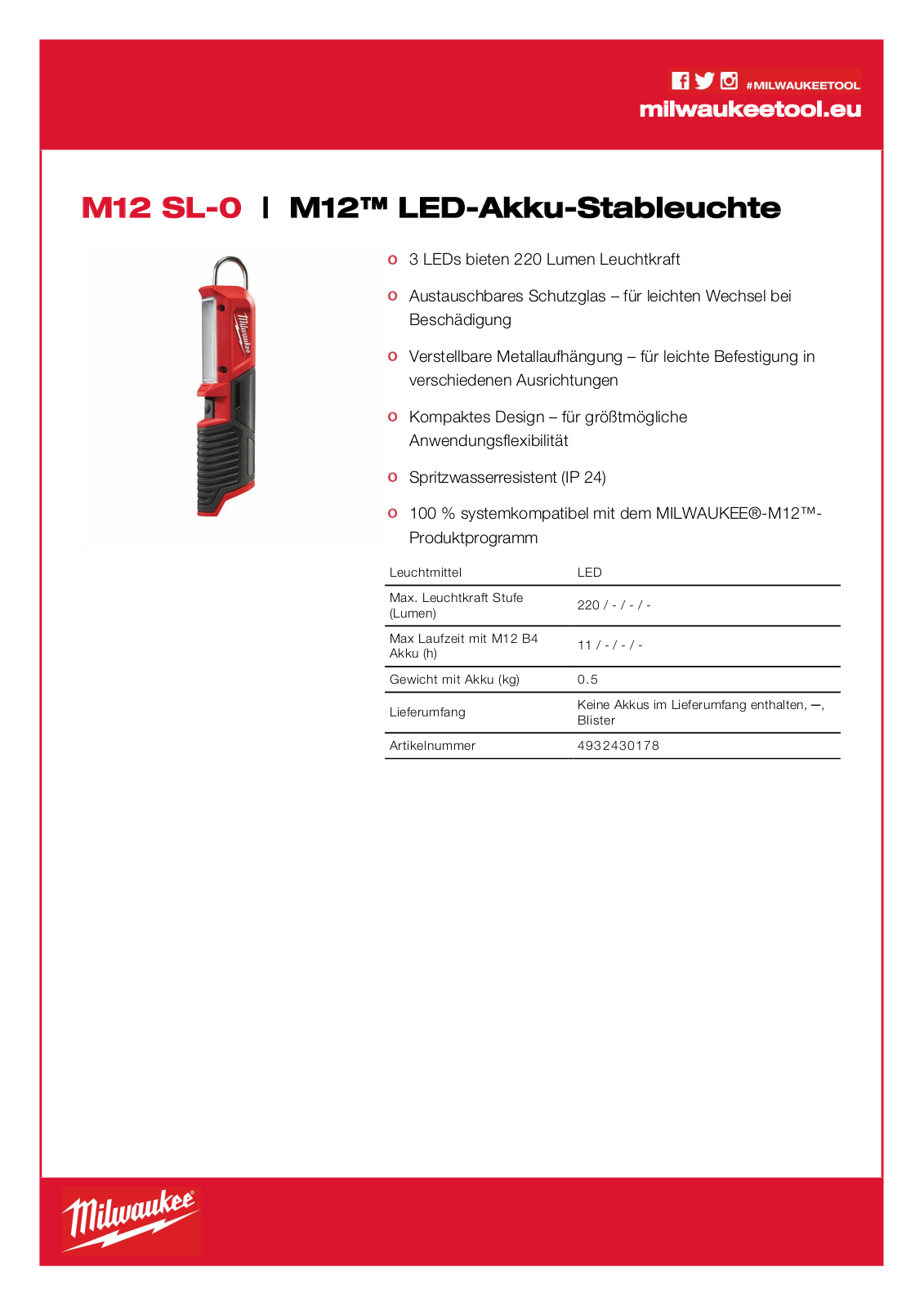 Milwaukee M12 SL-0 User Manual