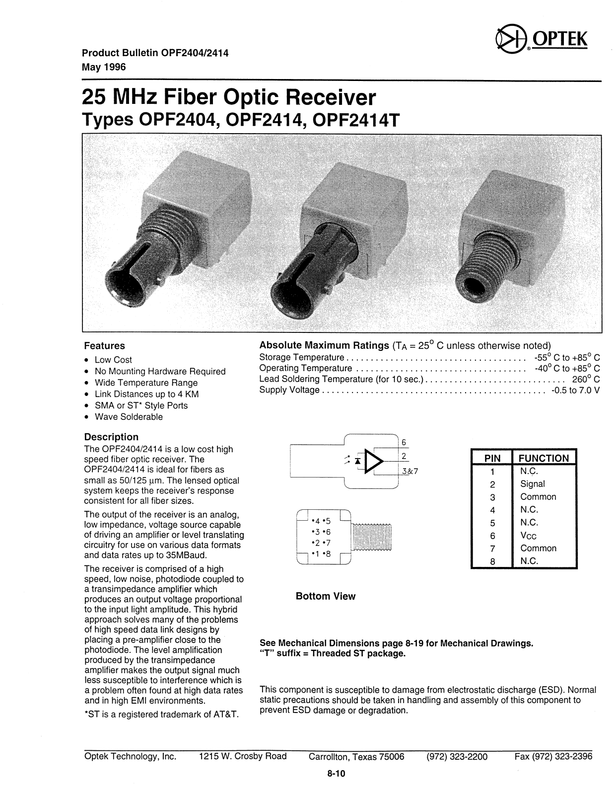 OPTEK OPF2414, OPF2414T, OPF2404 Datasheet