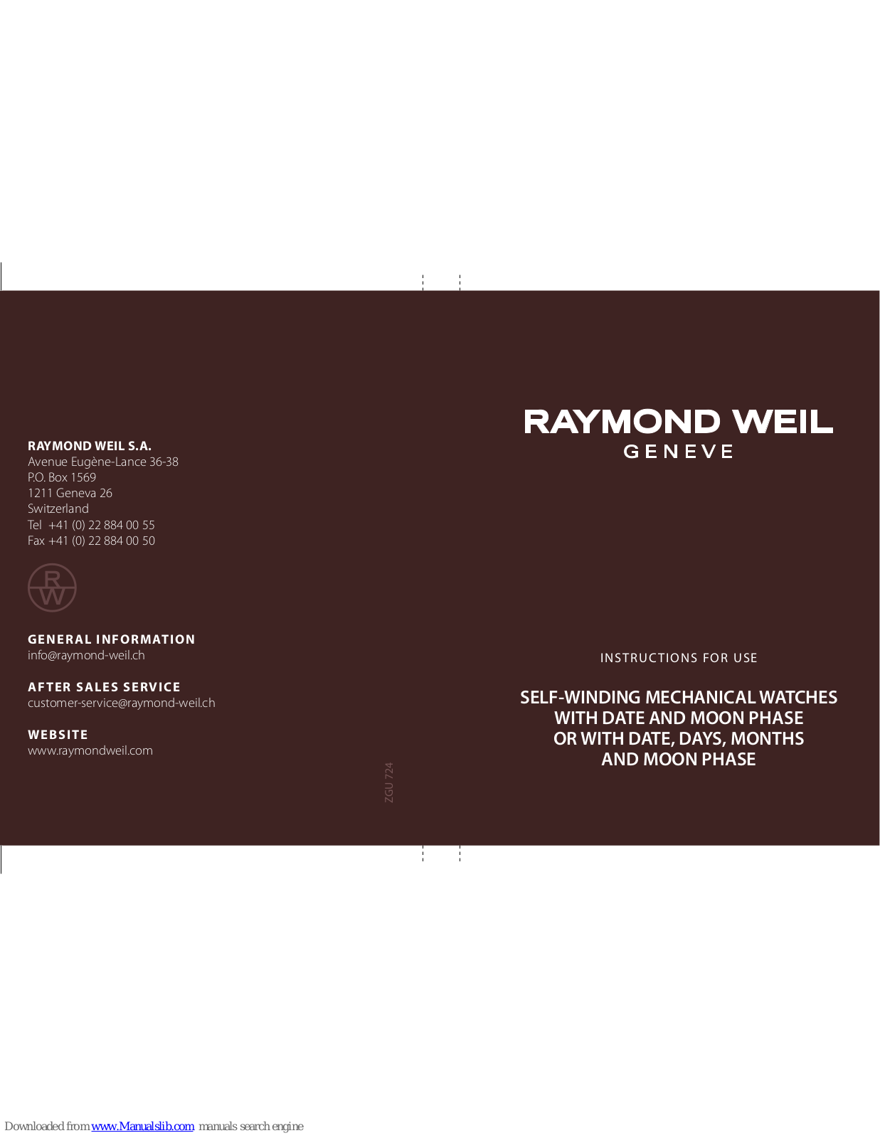 Raymond Weil ZGU 724 Instructions For Use Manual