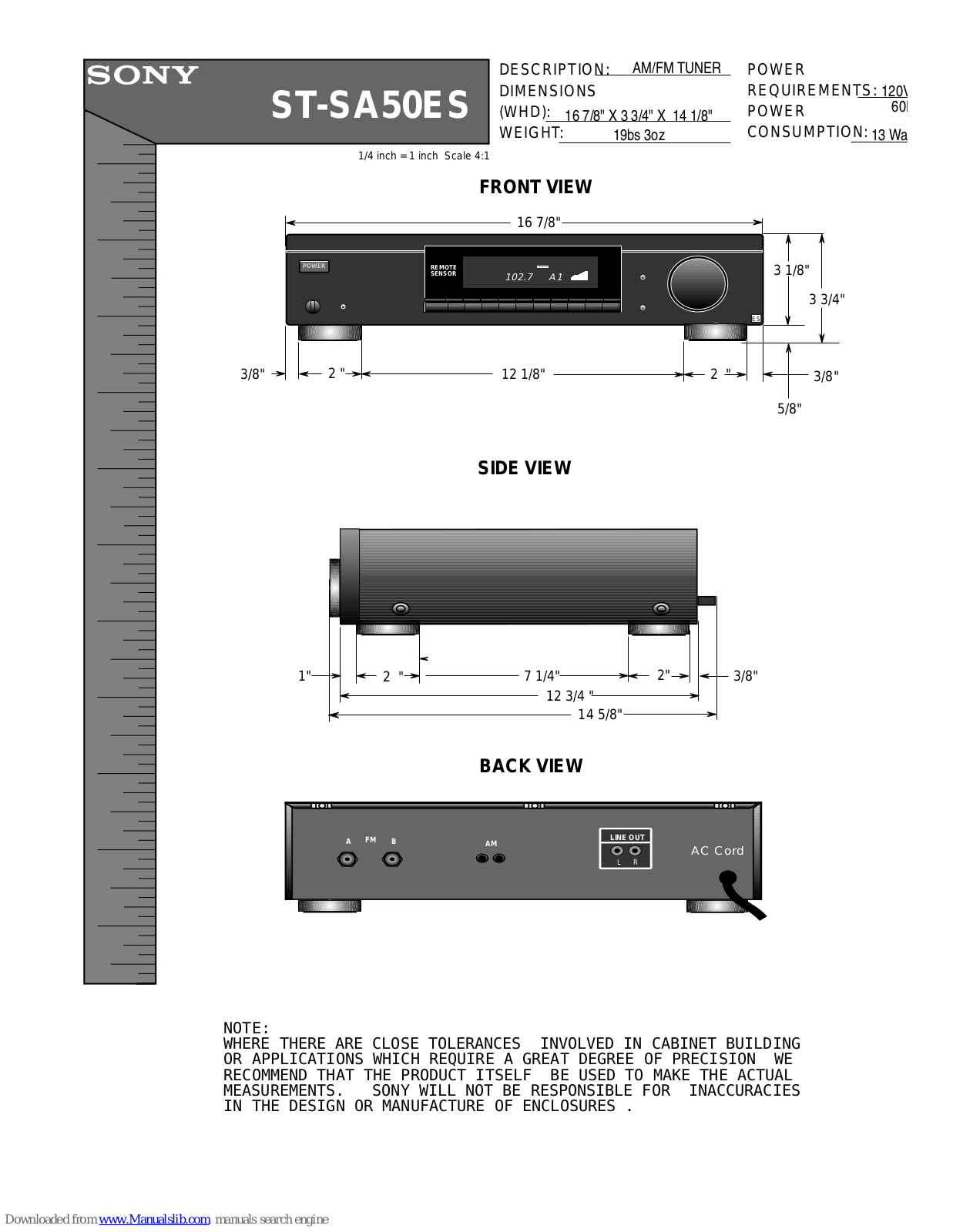 Sony ST-SA50ES - Am/fm Tuner Dimensions