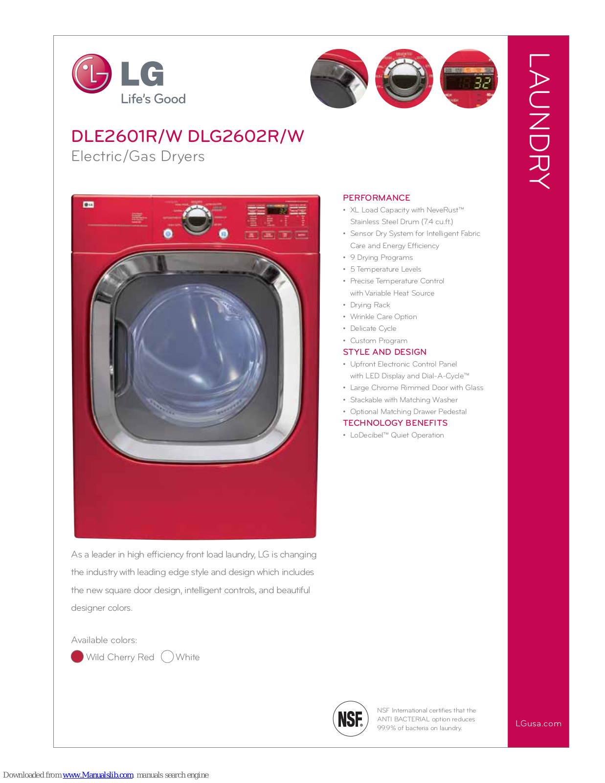 LG DLE2601W - 27in Electric Dryer, D2602R, D2602W, DLE2601W, DLG2602R Specification