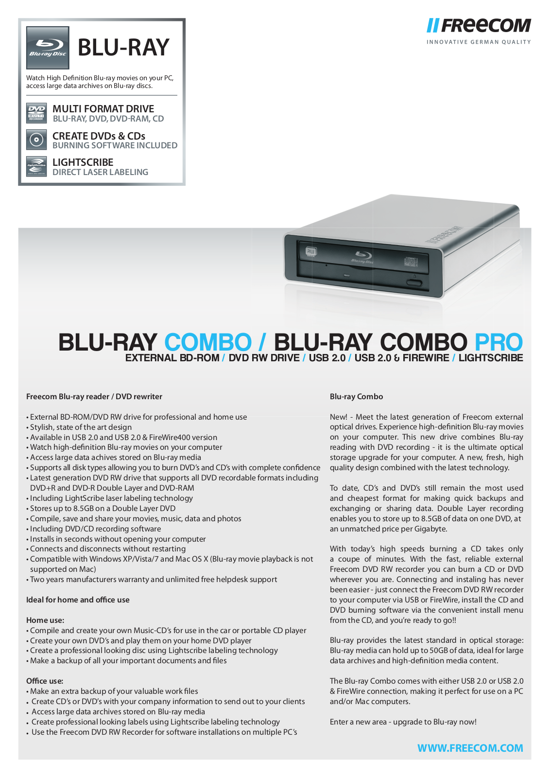 Freecom BLU-RAY COMBO PRO, BLU-RAY COMBO DATASHEET