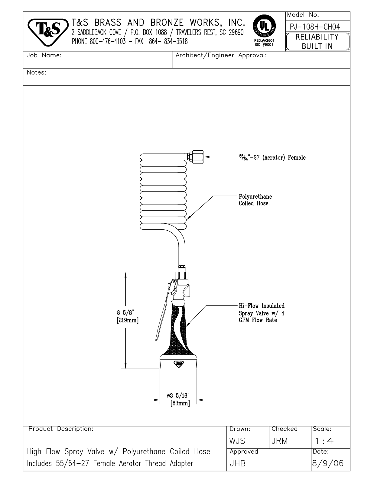 T&S Brass PJ-108H-CH04 User Manual