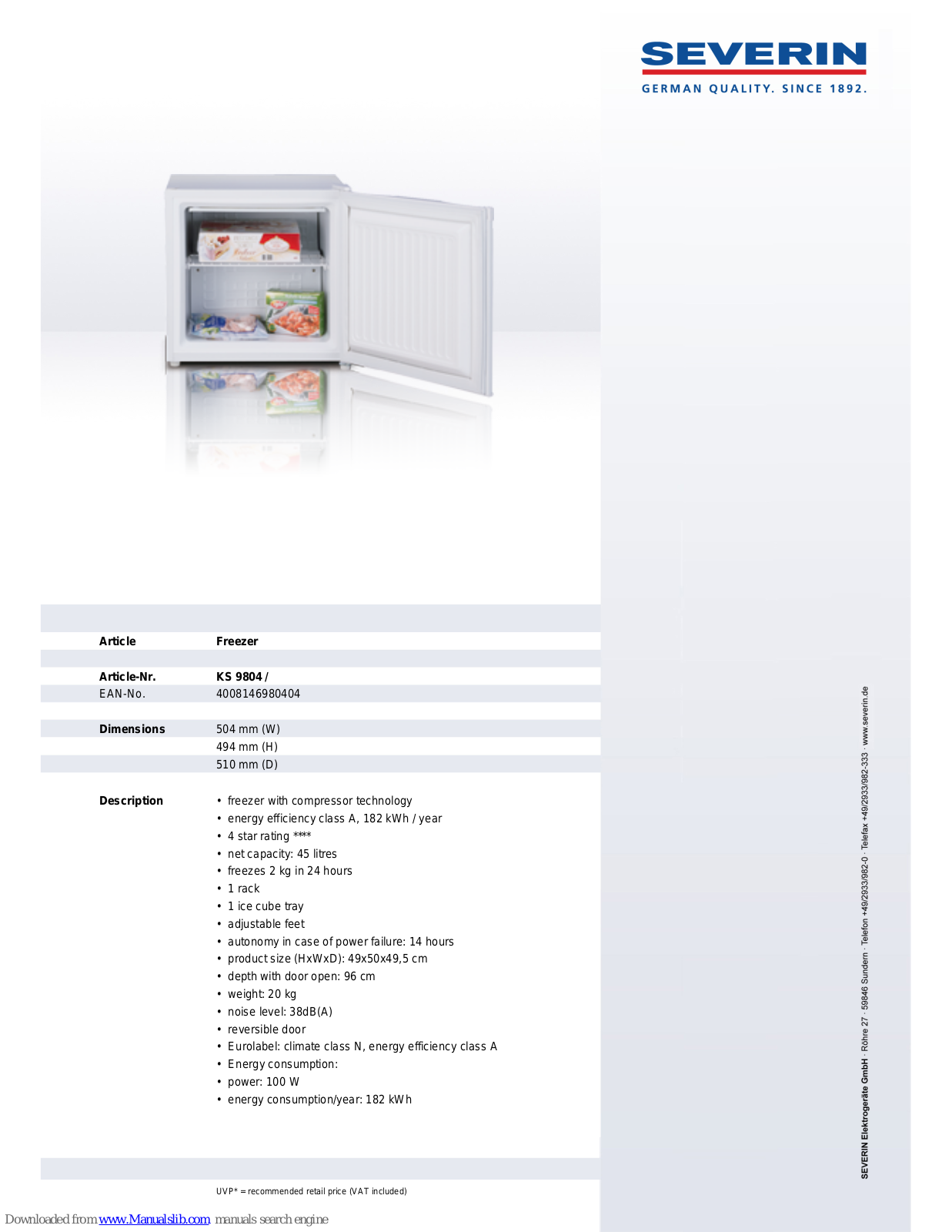 SEVERIN FREEZER,KS 9804 Datasheet