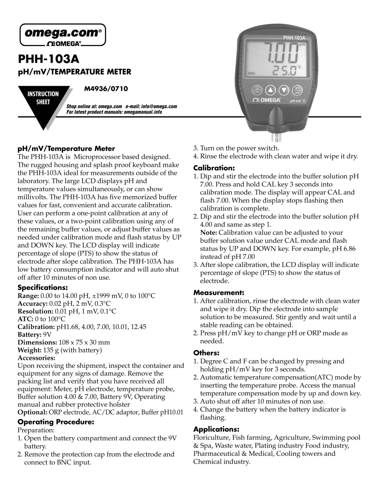 Omega Products PHH-103A Installation  Manual