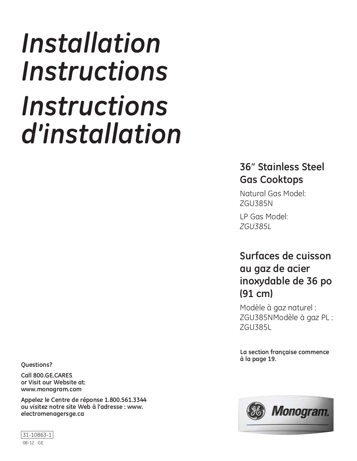 GE ZGU385NSM3SS, ZGU385NSM4SS, ZGU385NSM5SS, ZGU385QSL1SS Installation Guide