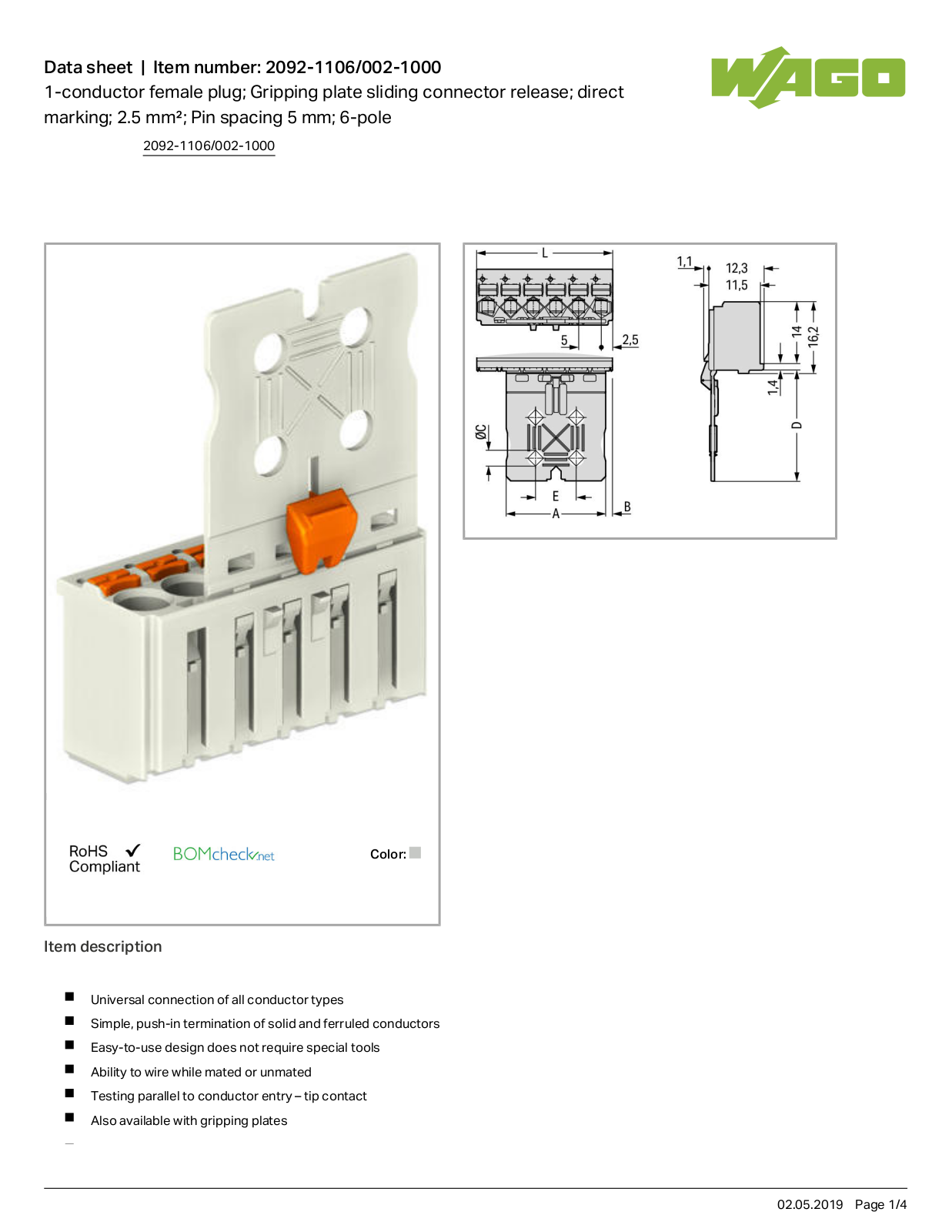 Wago 2092-1106/002-1000 Data Sheet