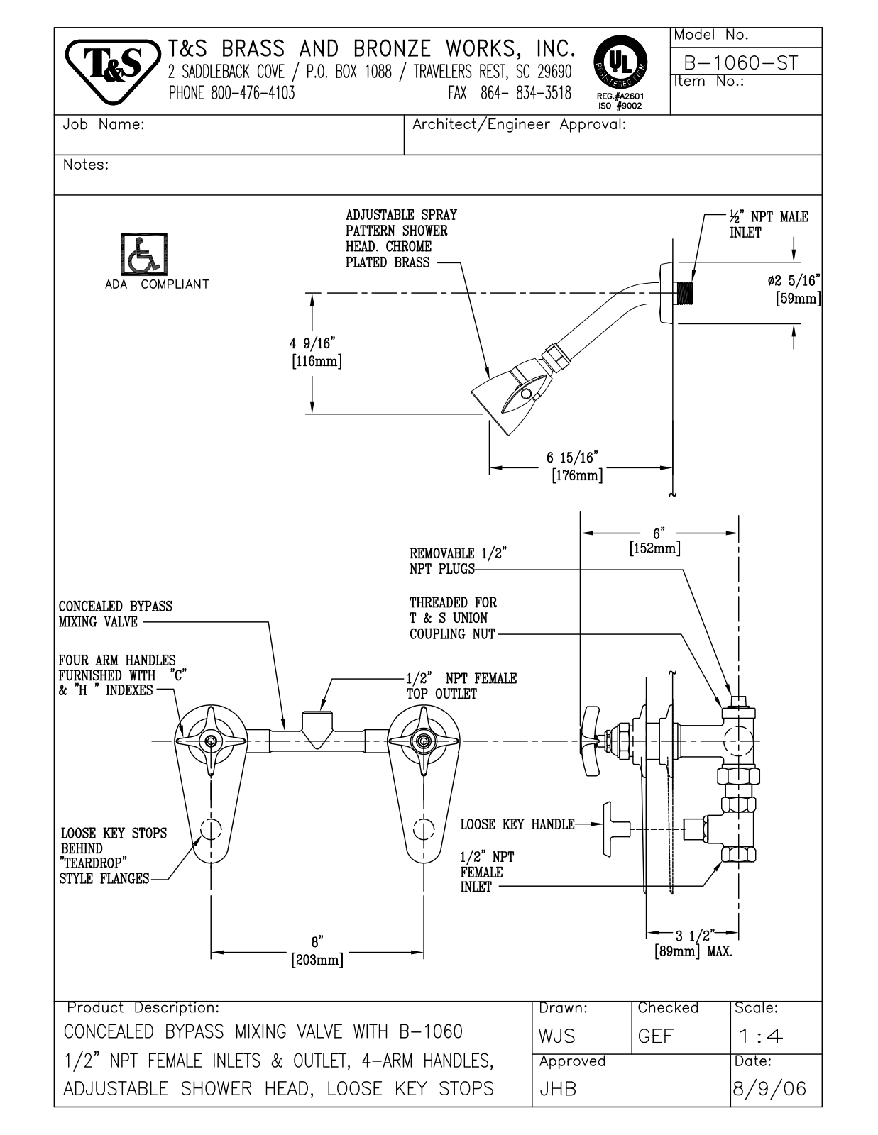 T & S Brass & Bronze Works B-1060-ST General Manual