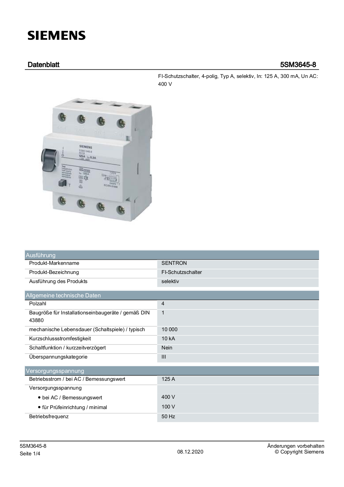 Siemens 5SM3645-8 Datenblatt