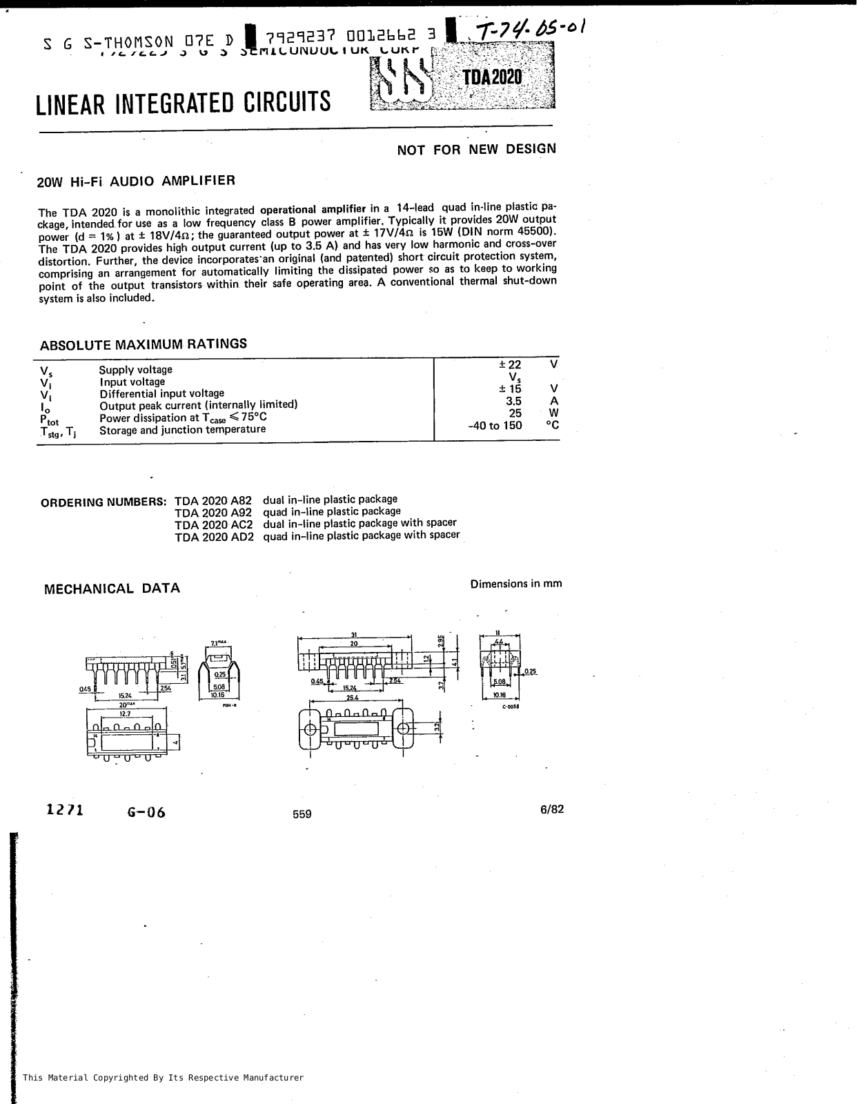 SGS Thomson Microelectronics TDA2020AD2, TDA2020AC2, TDA2020A92, TDA2020A82 Datasheet