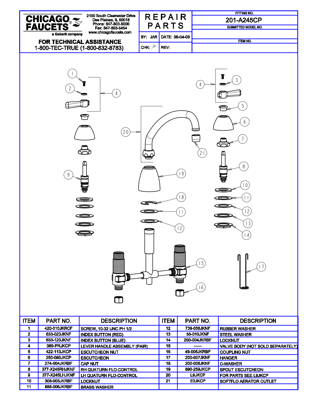 Chicago Faucet 201-A245CP Parts List