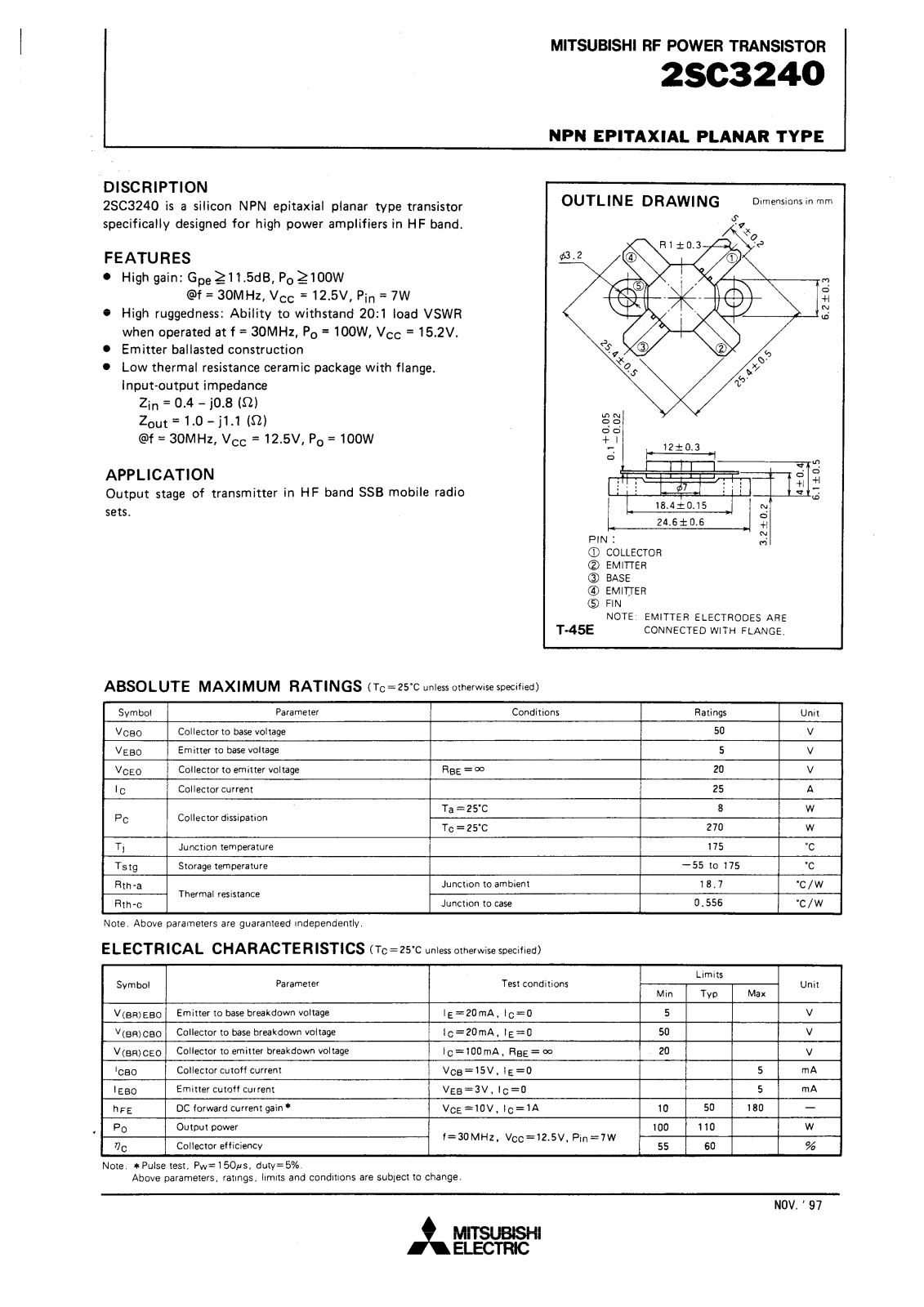 Mitsubishi Electric Corporation Semiconductor Group 2SC3240 Datasheet