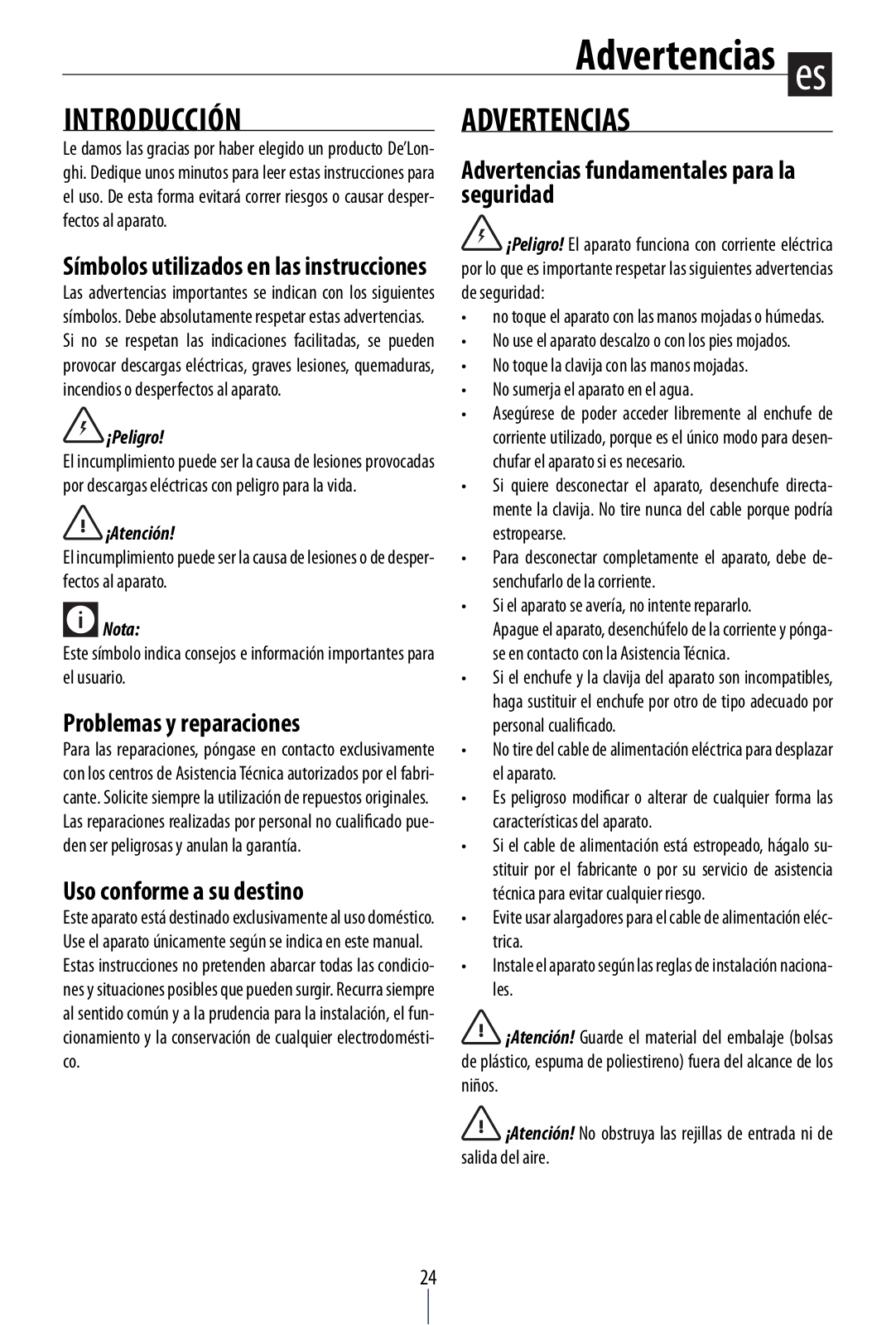 Delonghi AC100 Instruction manuals