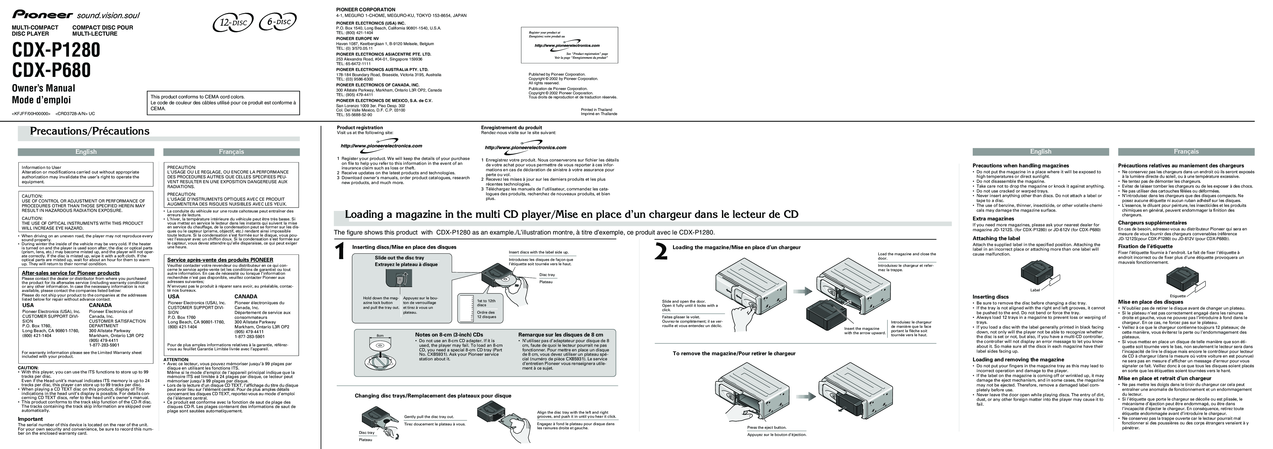 Pioneer CDX-P680, CDX-P1280 User Manual