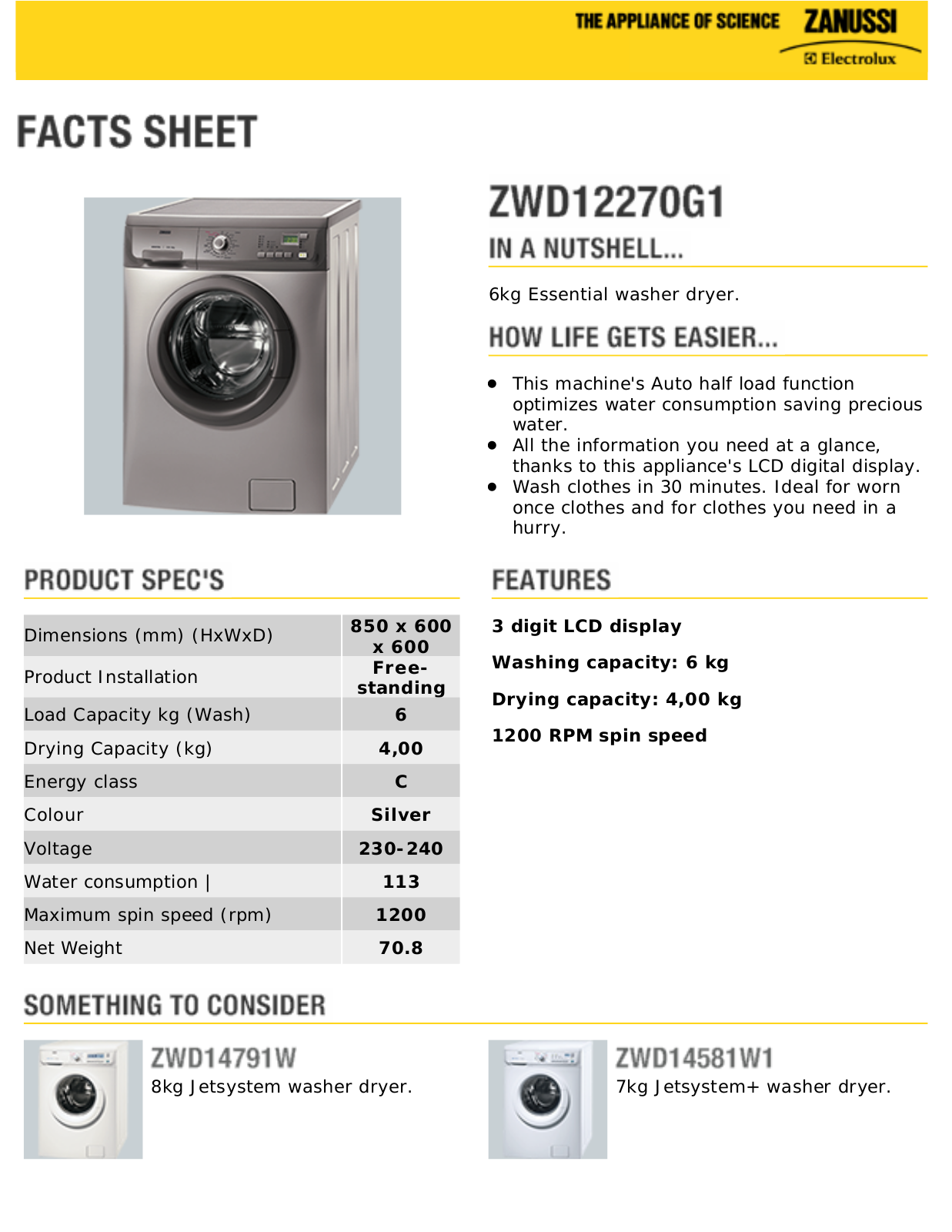 Zanussi ZWD12270G1 DATASHEET