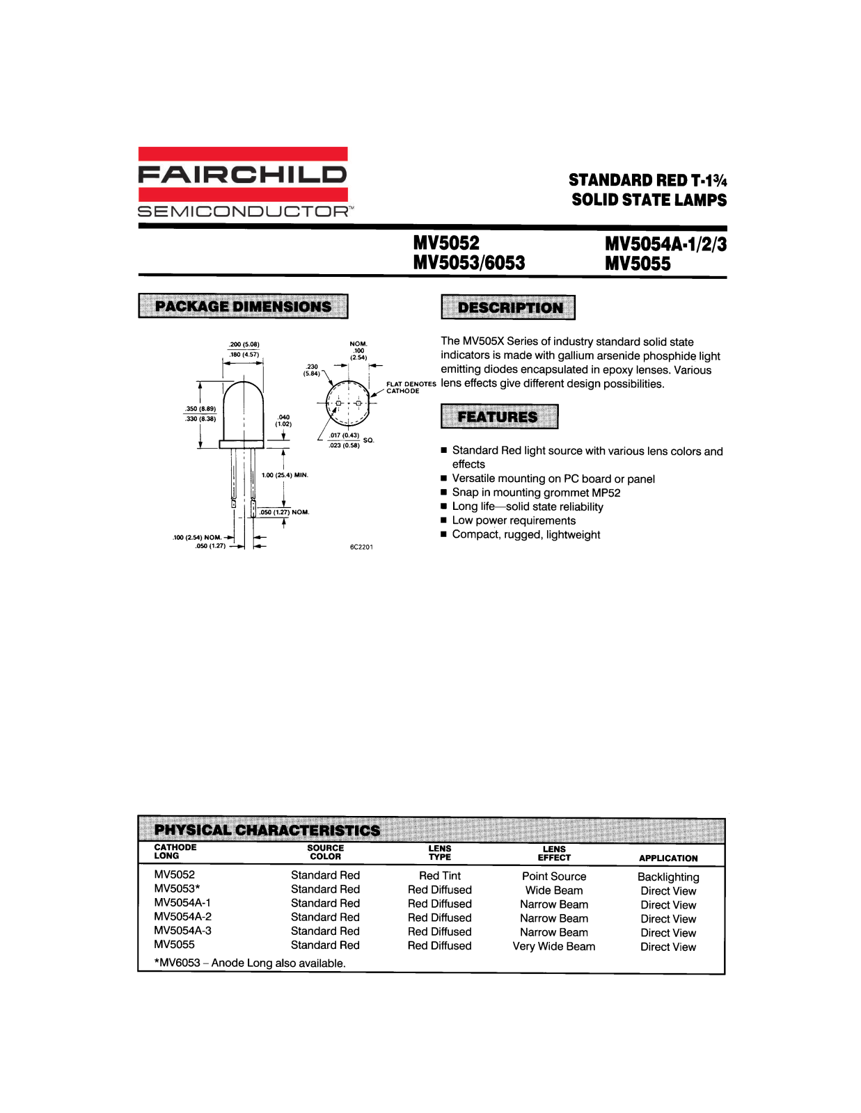 Fairchild Semiconductor MV5055, MV6053, MV5054A-2, MV5054A-1, MV5052 Datasheet