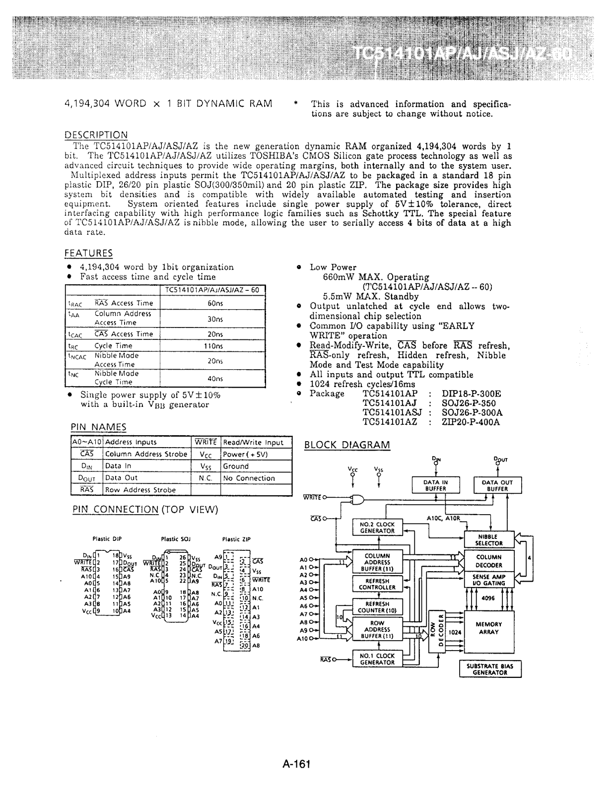 Toshiba TC514101AZ-60, TC514101ASJ-60, TC514101AJ-60 Datasheet