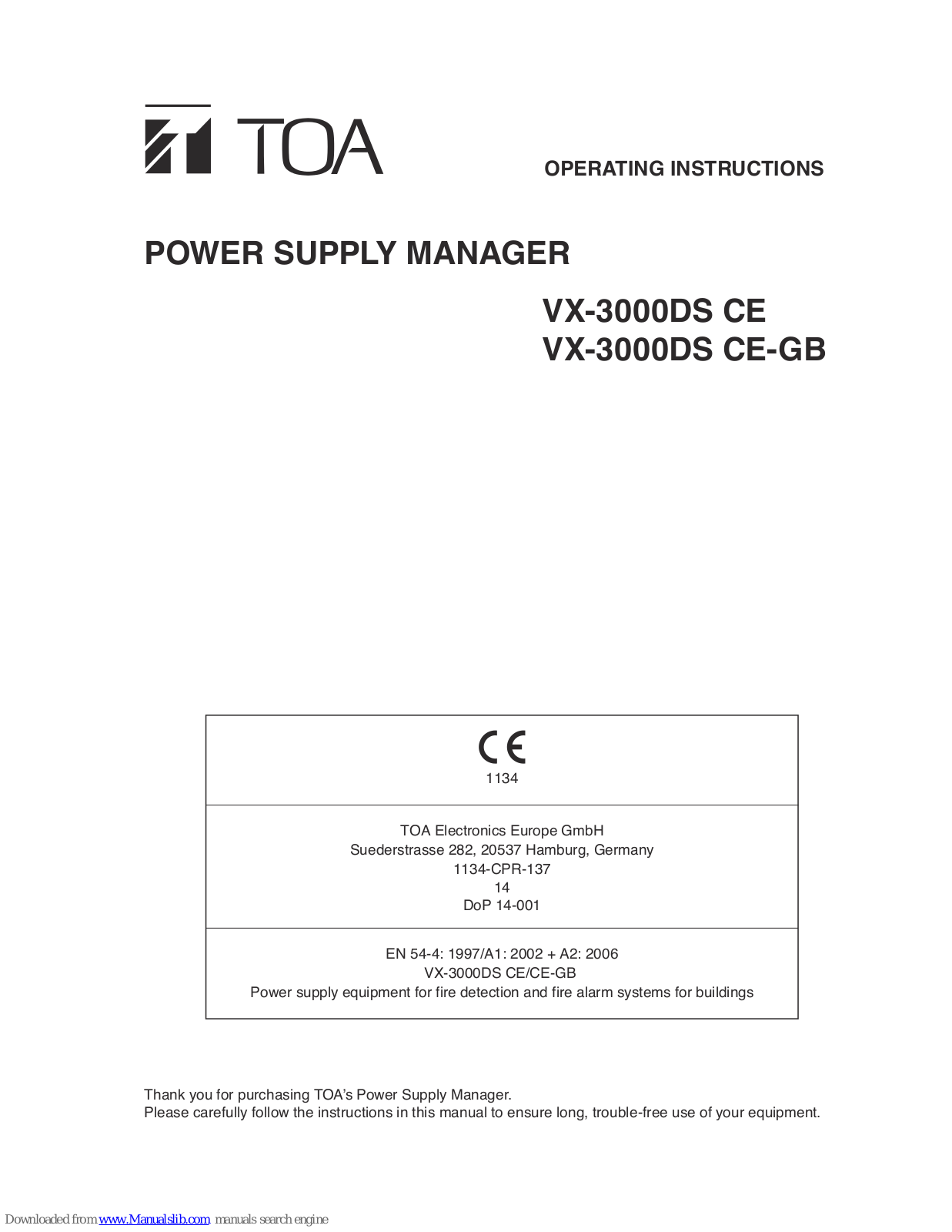 Toa VX-3000DS CE, VX-3000DS CE-GB Operating Instructions Manual