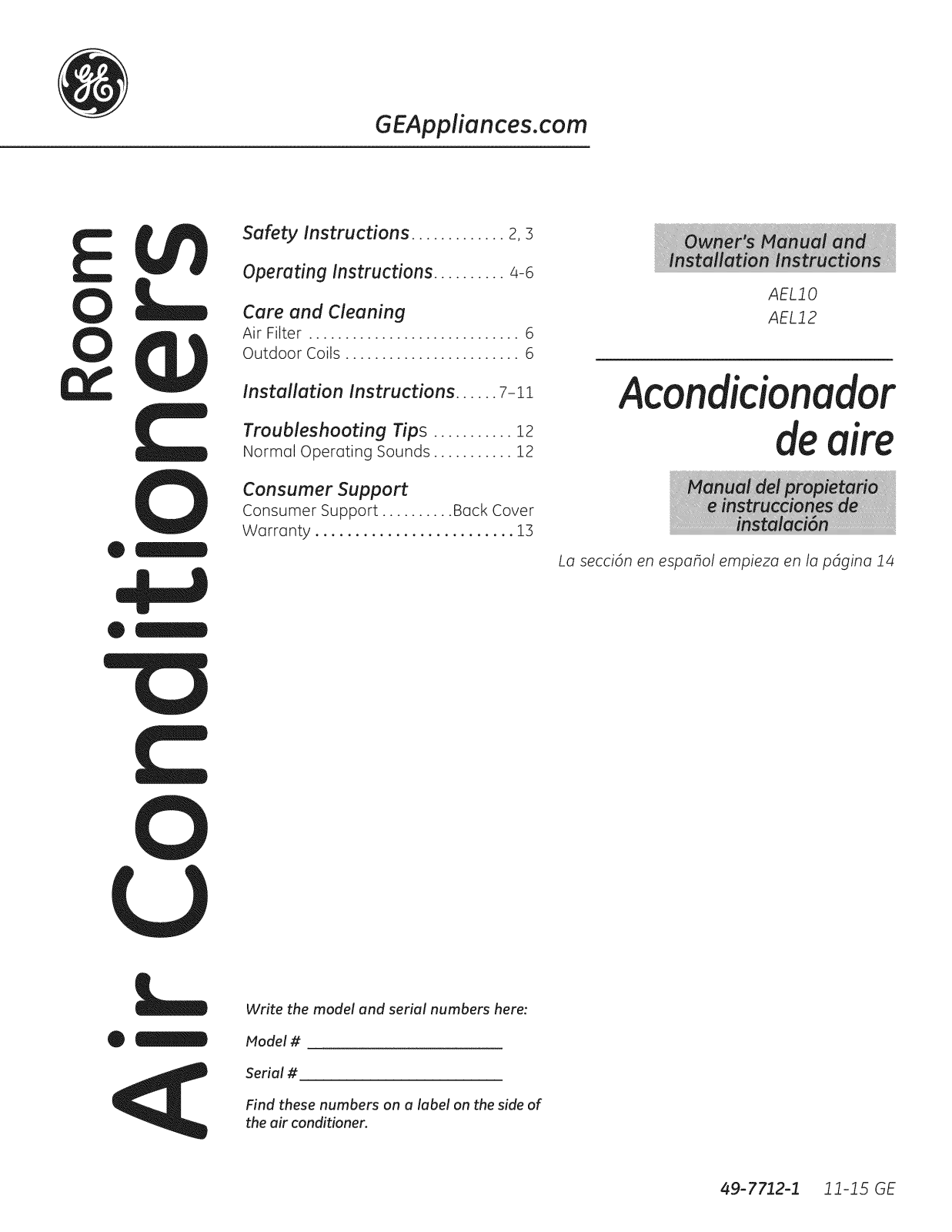 GE AEL12AVH2, AEL12AVH1, AEL10AX, AEL10AVL1, AEL10AVH1 Owner’s Manual