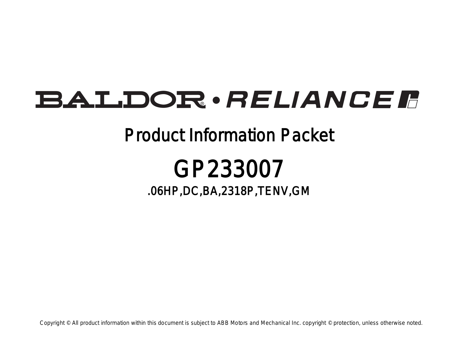 Baldor GP233007 Product Information Sheet