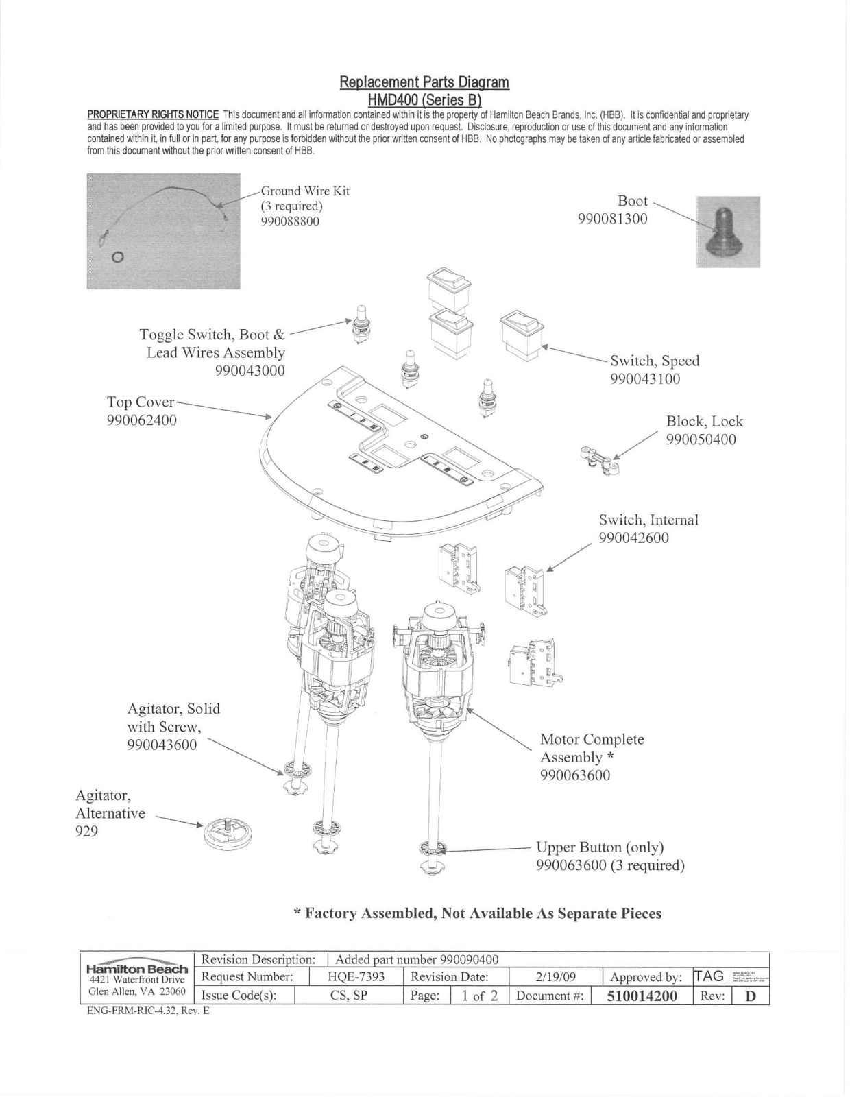 Hamilton Beach HMD400 ( B) Parts List