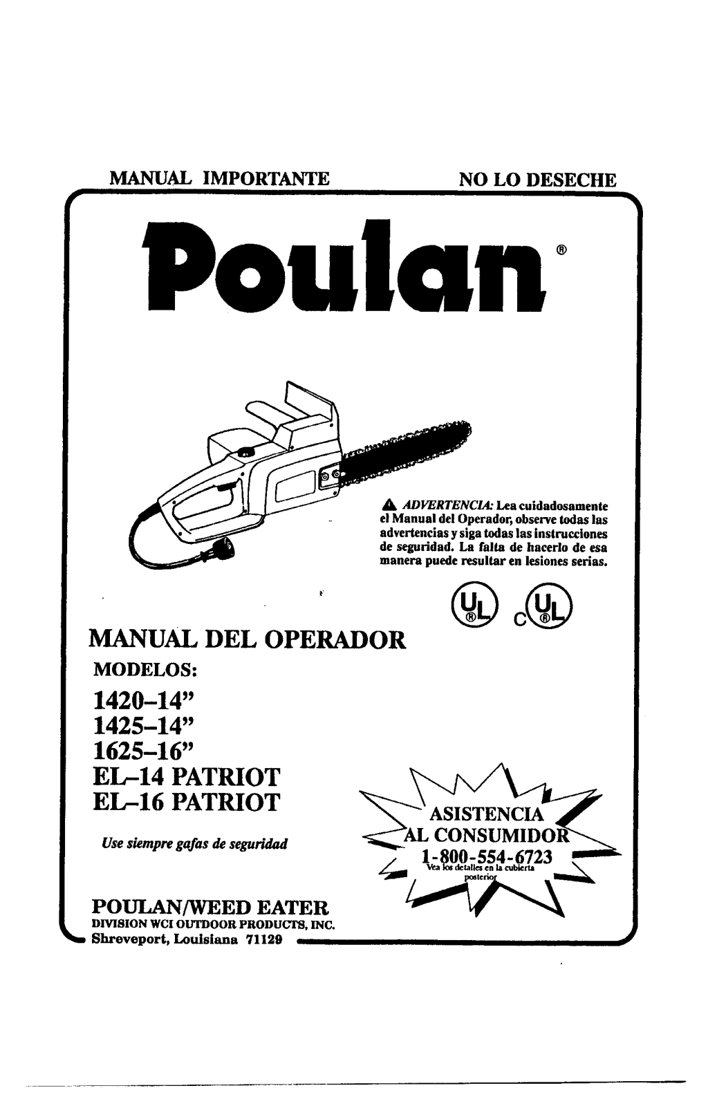 Poulan 1625-16, EL-14 PATRIOT, 1420-14, EL-16 PATRIOT, 1425-14 Manual