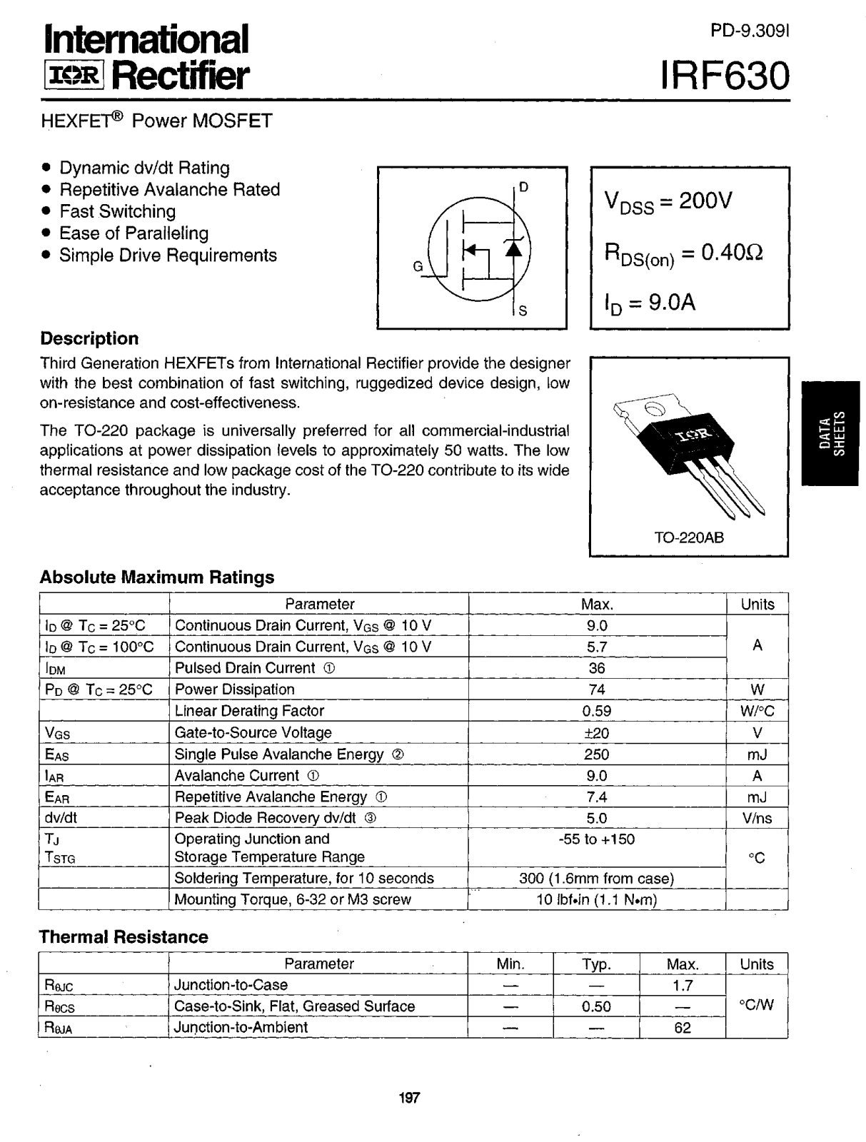 International Rectifier IRF630 Datasheet