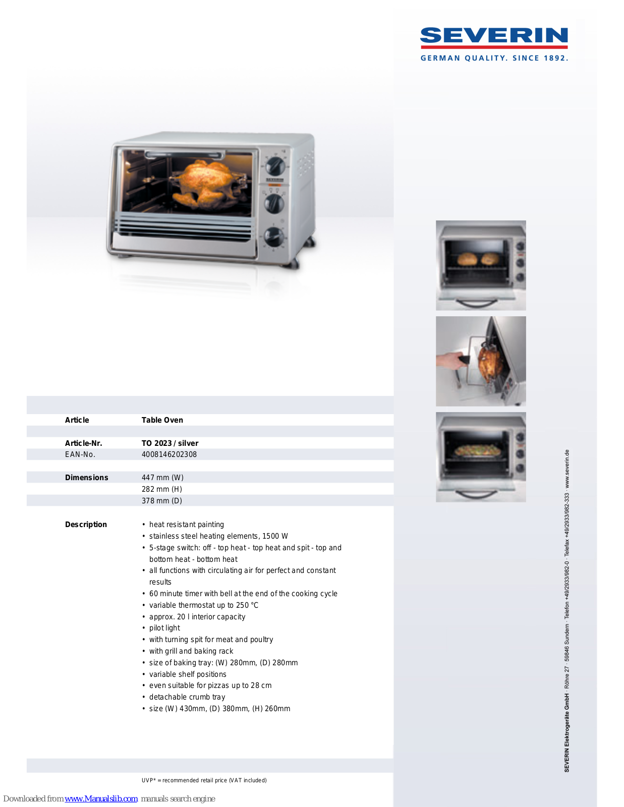 SEVERIN TISCH-BACKOFEN MIT HEI&szlig, LUFTFUNKTION TO 2023, TO 2023 Datasheet - ManualMachine.com