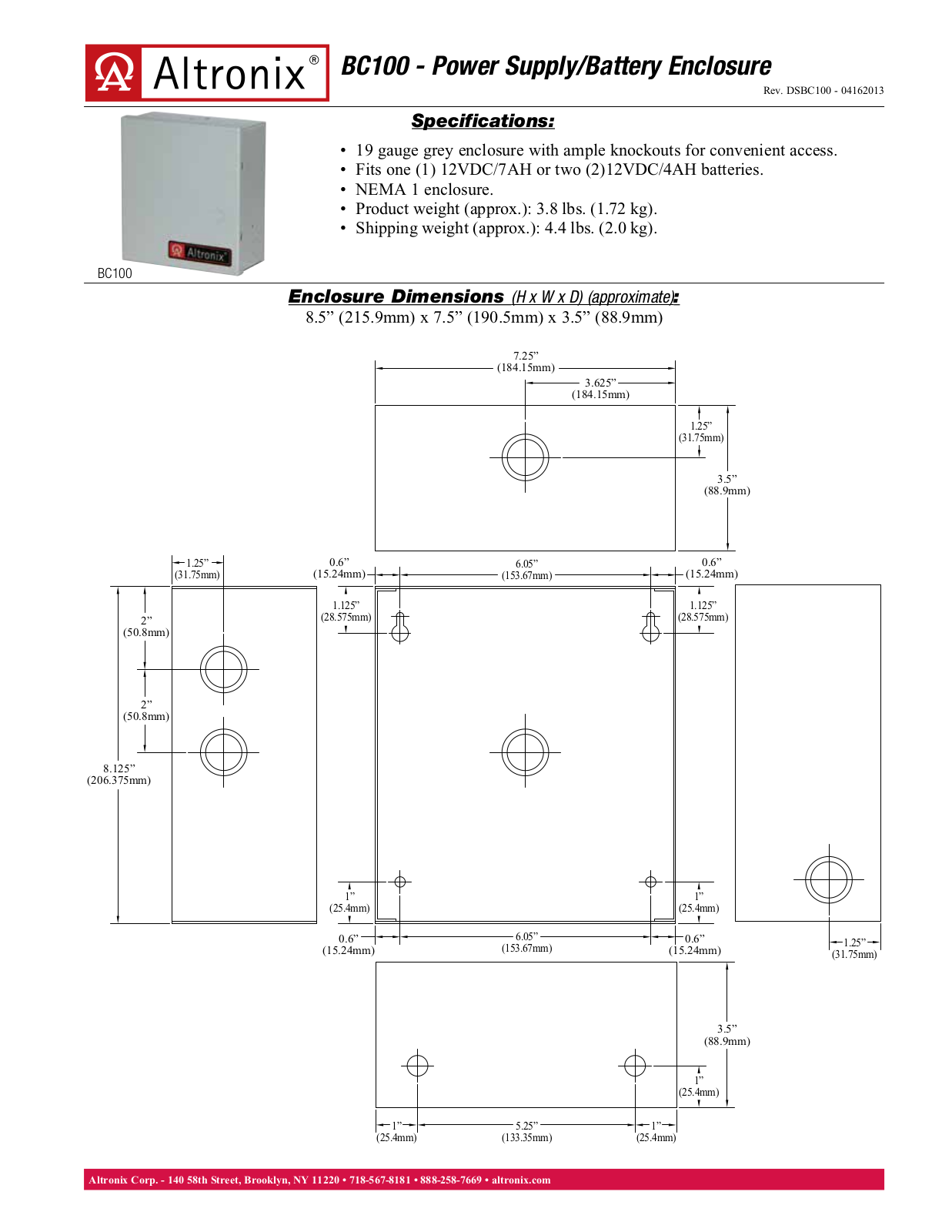 Altronix BC100 Specsheet