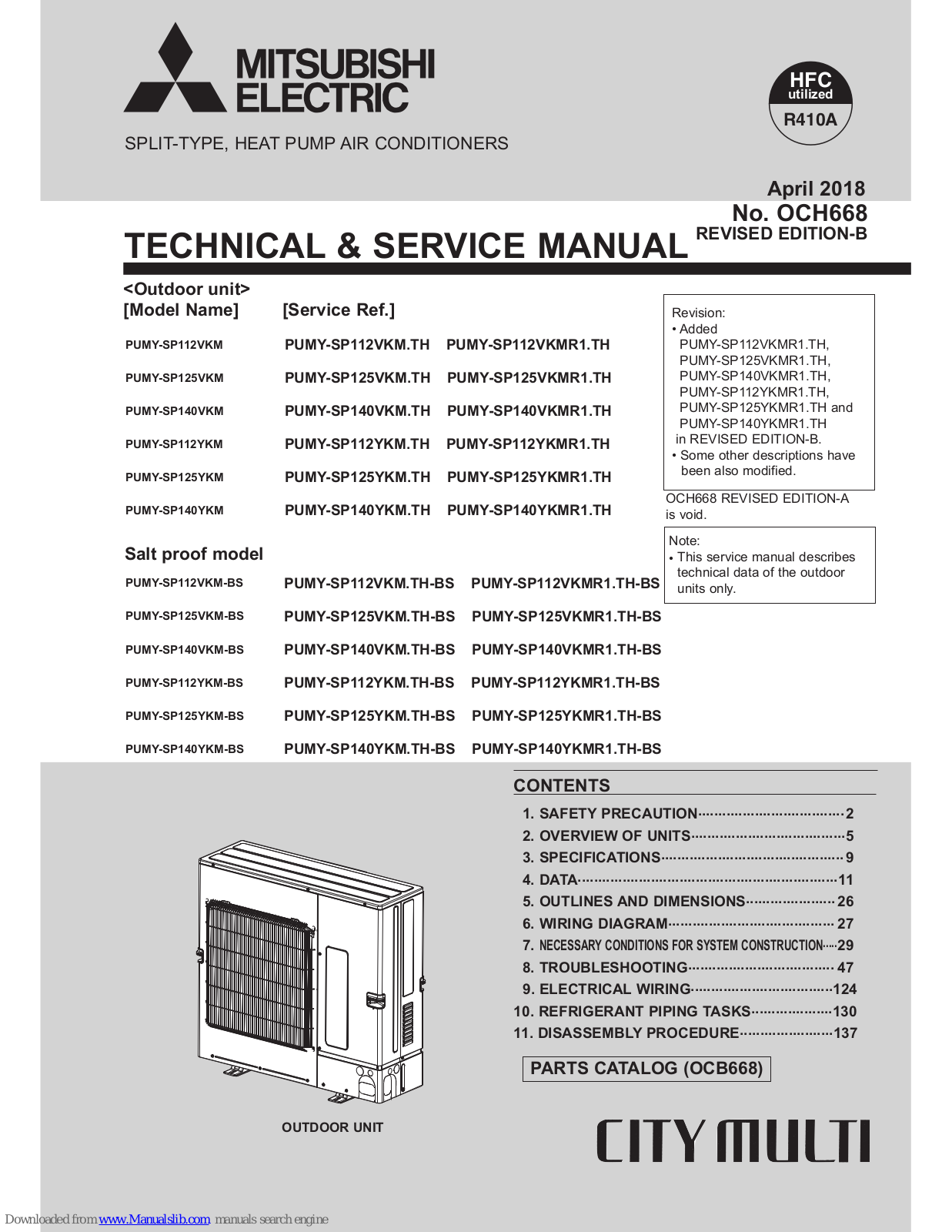 Mitsubishi PUMY-SP112VKM, PUMY-SP125VKM, PUMY-SP125YKM, PUMY-SP140VKM, PUMY-SP112YKM Technical & Service Manual