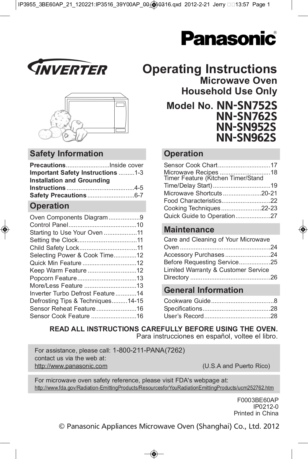 Panasonic nn-sn752s, nn-sn952s, nn-sn962s User Manual