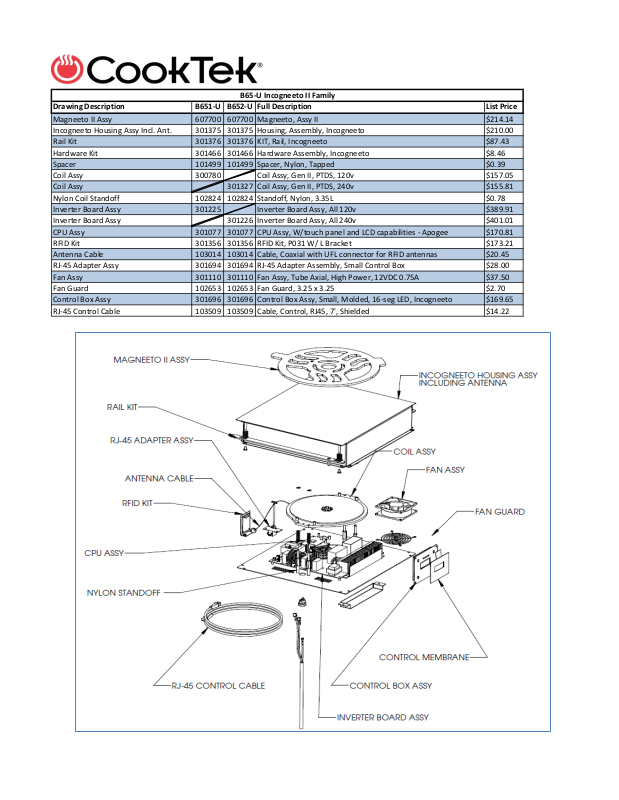 Cooktek B651-U Parts List