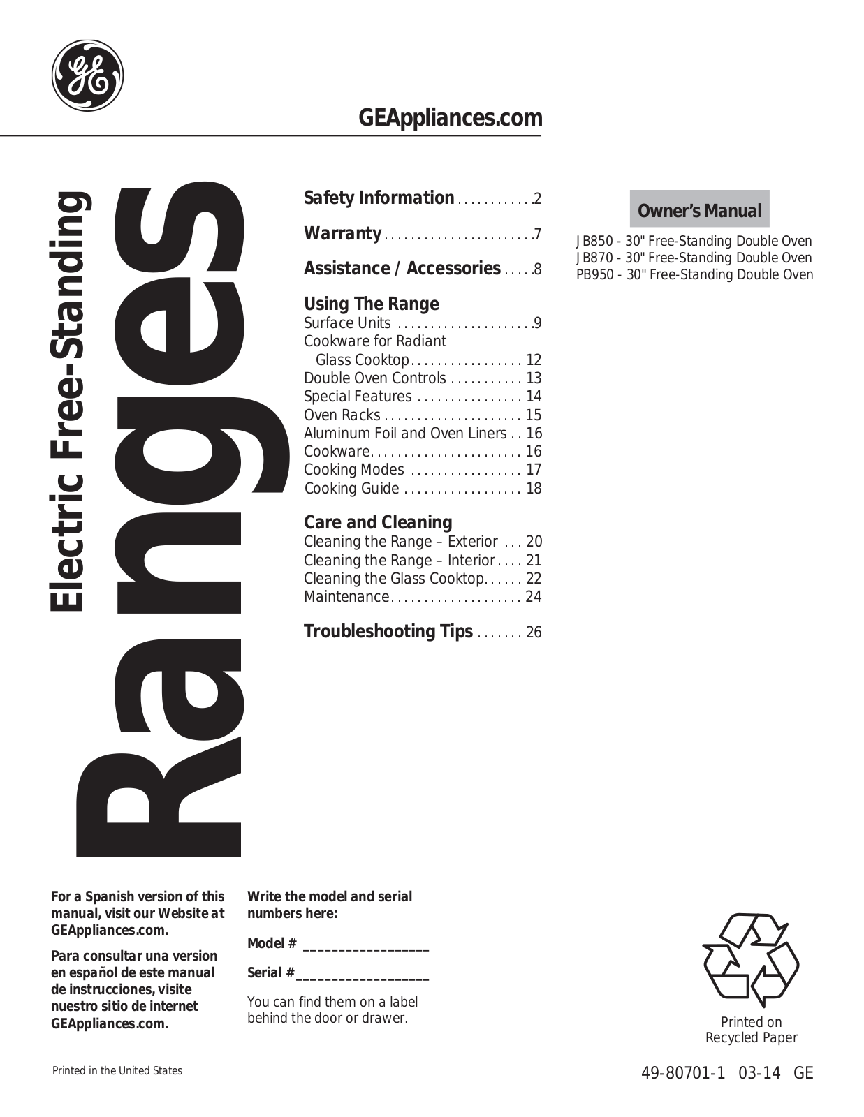 GE JB870TFWW User Manual