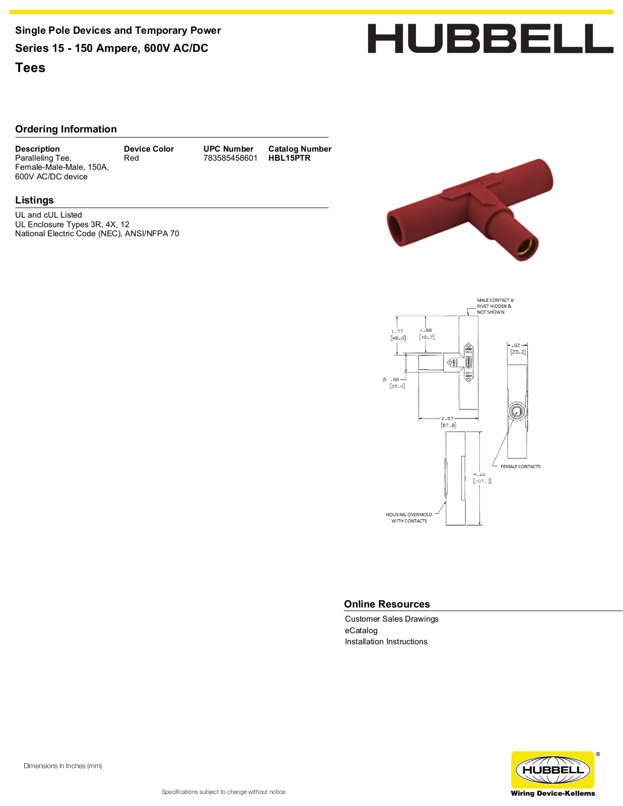 Hubbell HBL15PTR Specifications