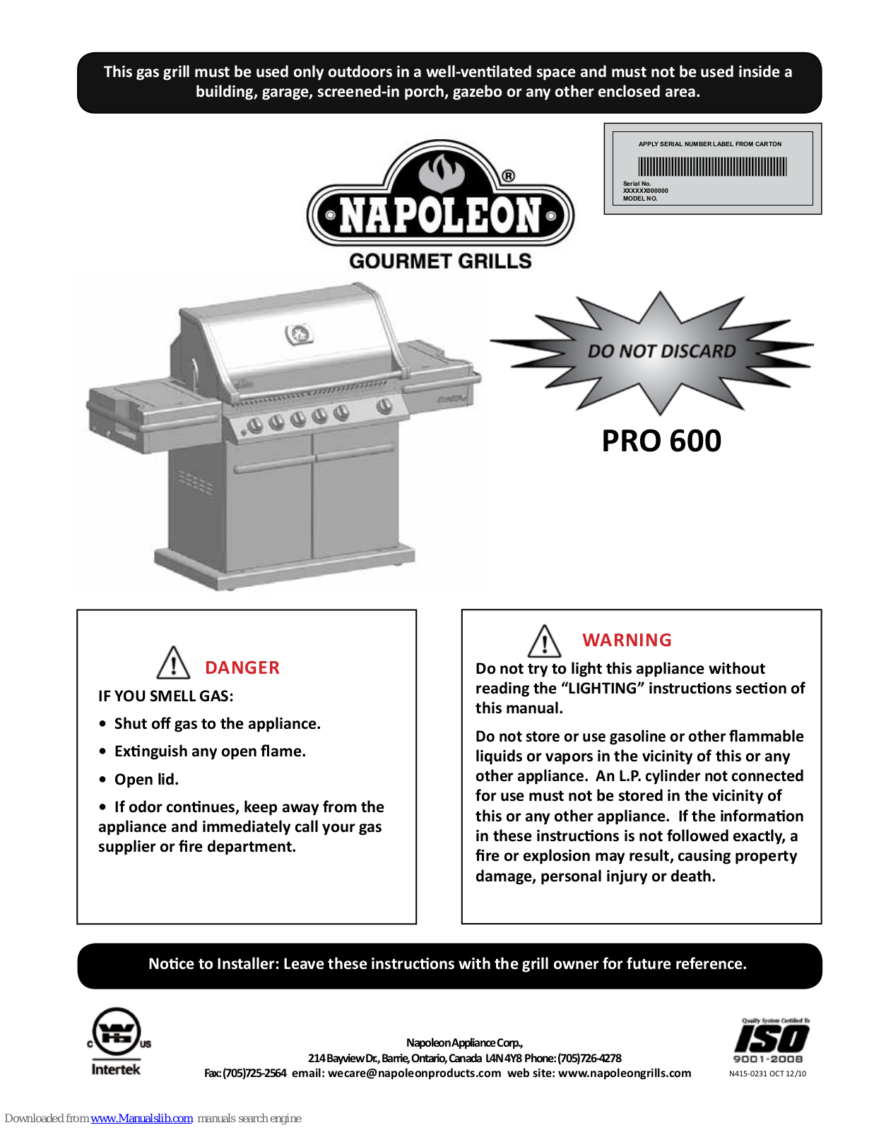 Napoleon PRO 600 User Manual - ManualMachine.com