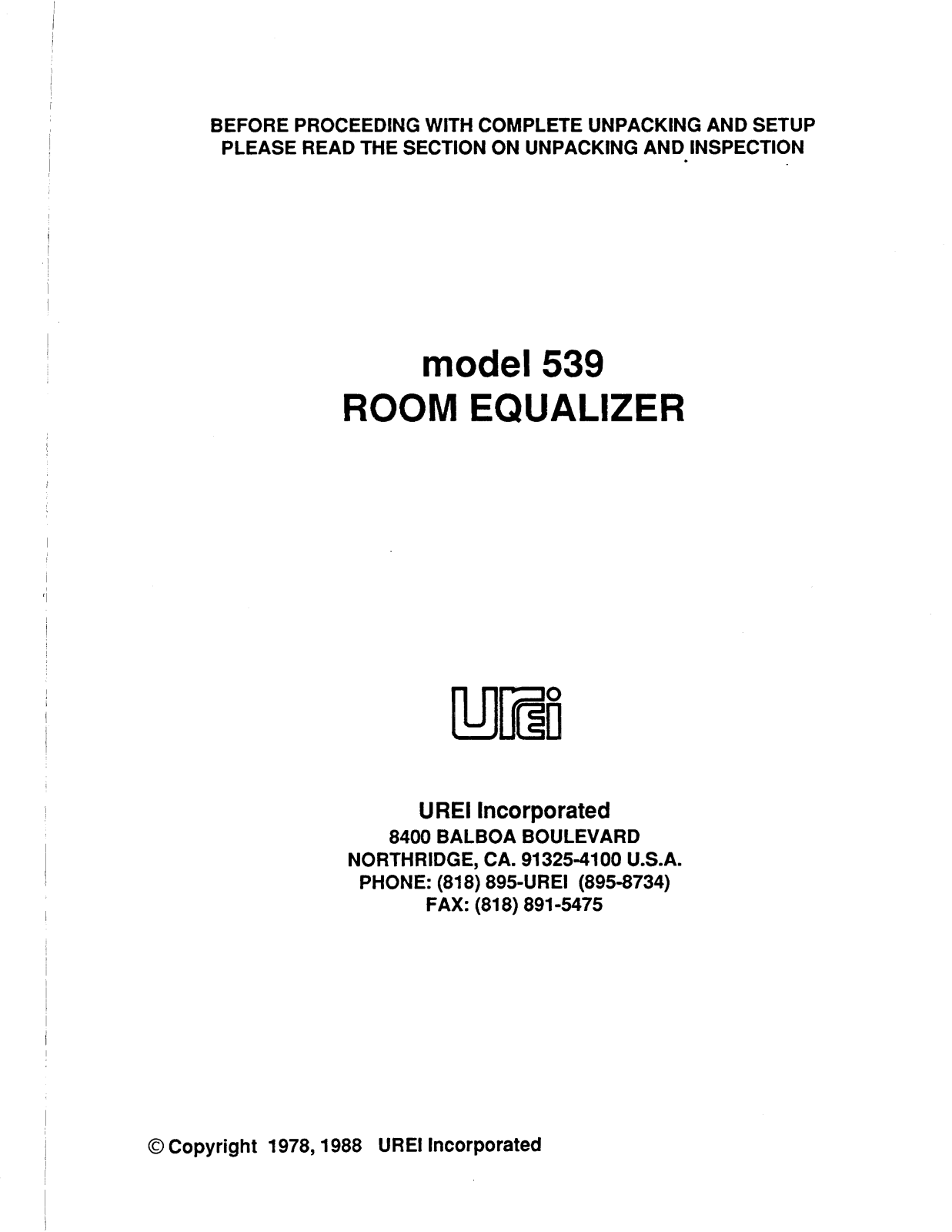 JBL UREI 539 User Manual