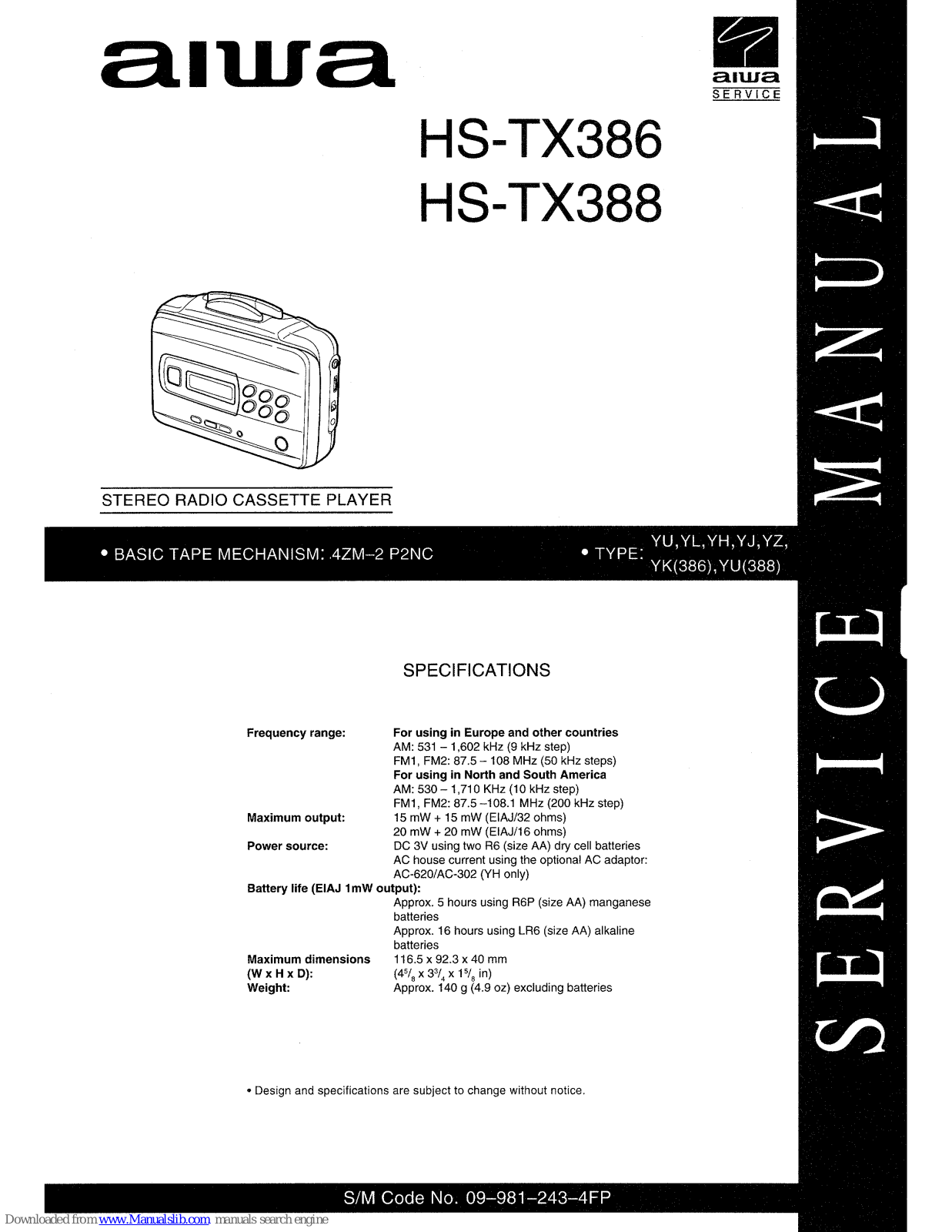 Aiwa HS-TX386,HS-TX388 Service Manual