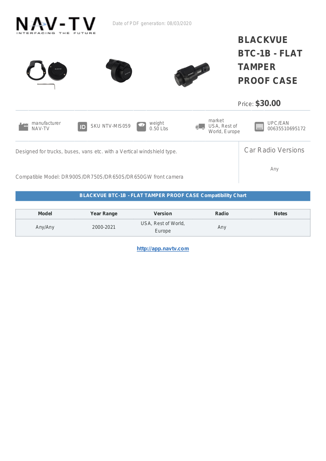 NAV-TV BTC-1B Specification Sheet