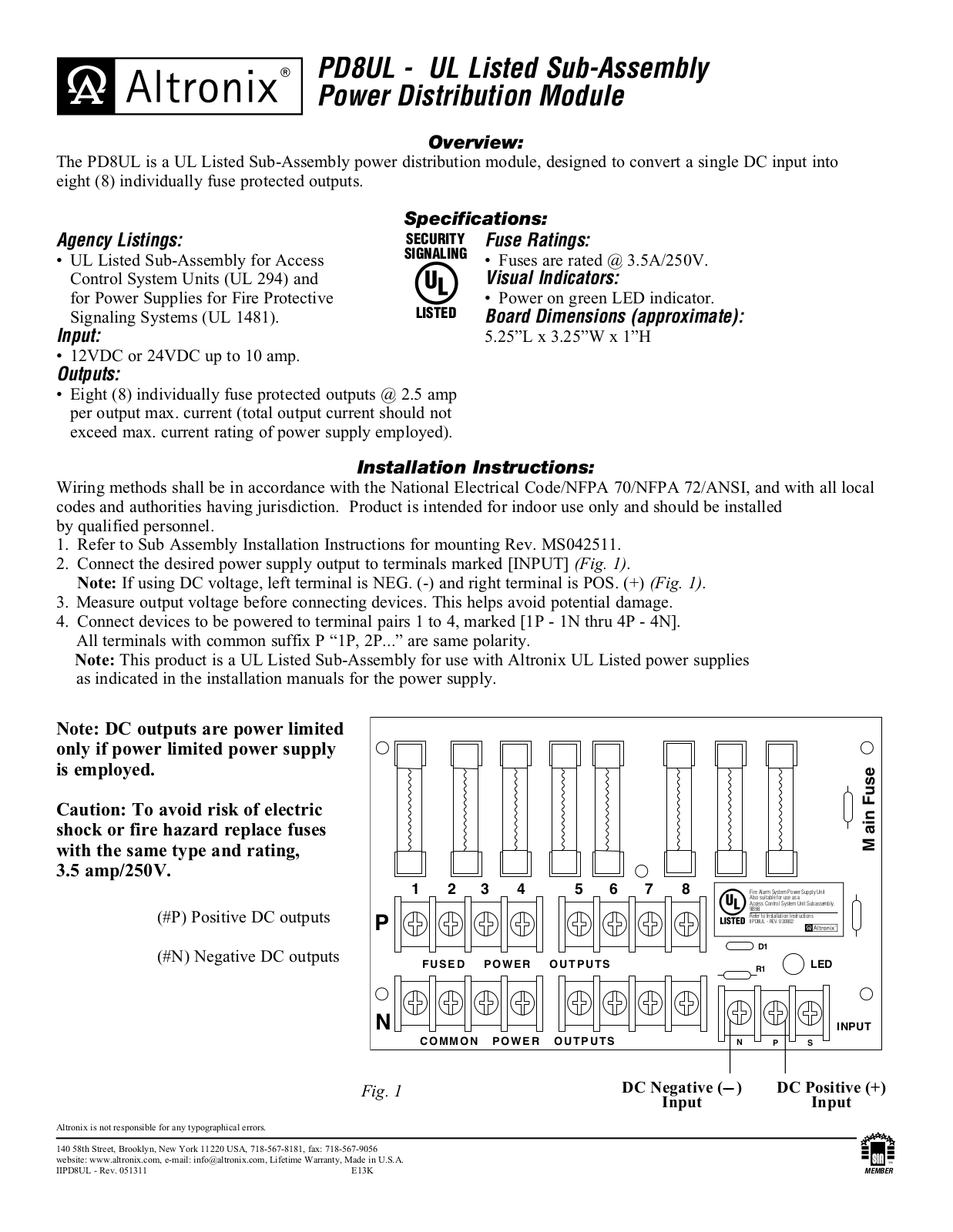 Altronix PD8UL Installation Instructions