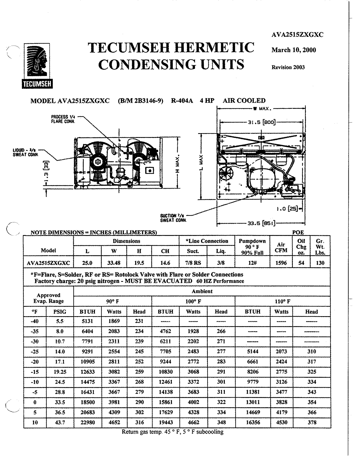 Tecumseh AVA2515ZXGXC Performance Data Sheet