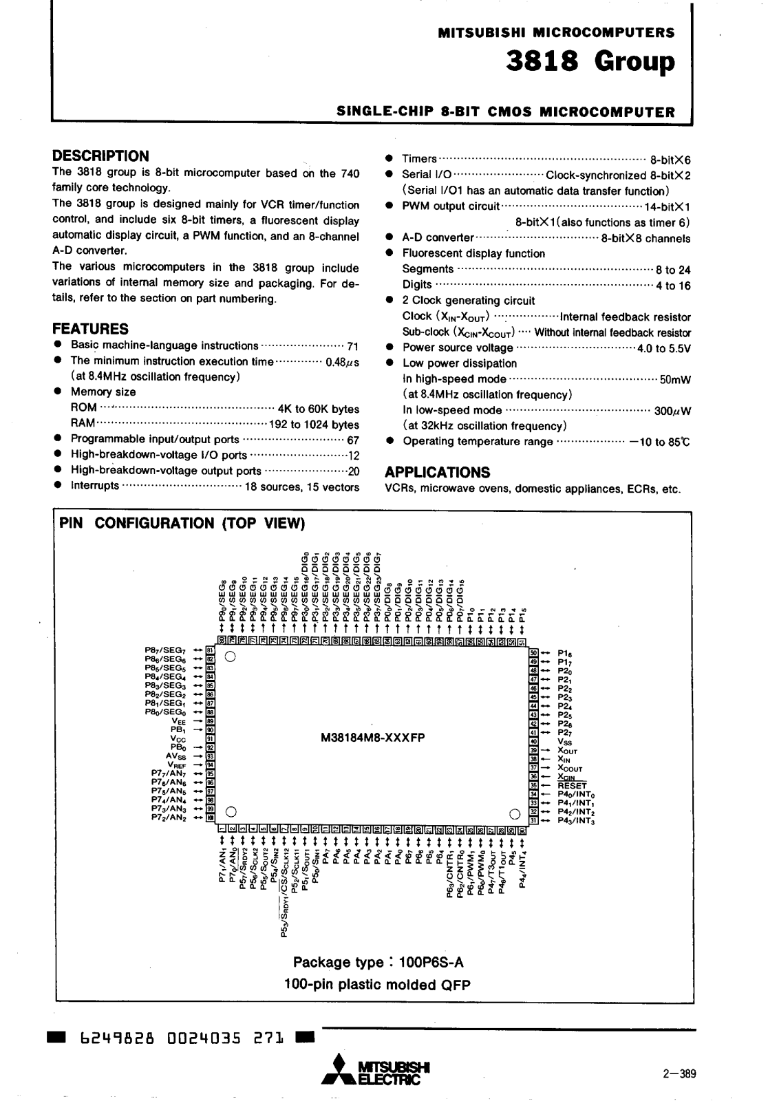 Mitsubishi M38187M3-XXXFP, M38187M1-XXXFS, M38187EF-FS, M38187EF-FP, M38187EE-FS Datasheet