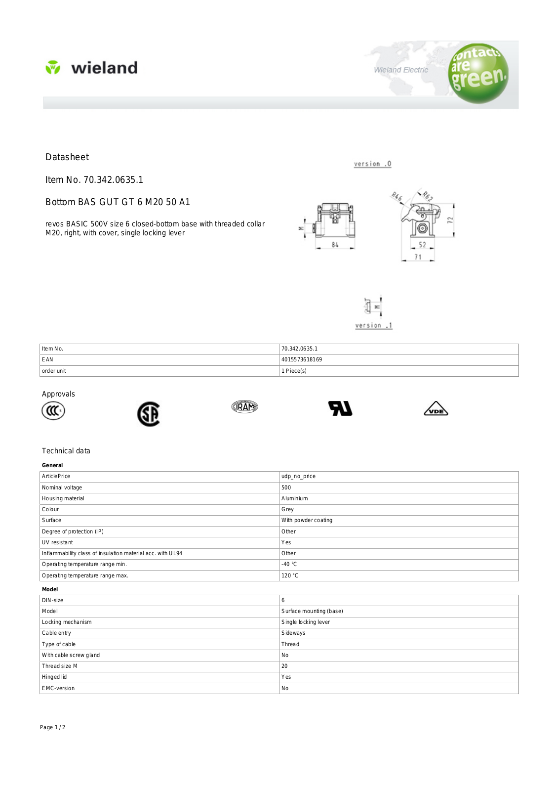 Wieland 70.342.0635.1 Data Sheet