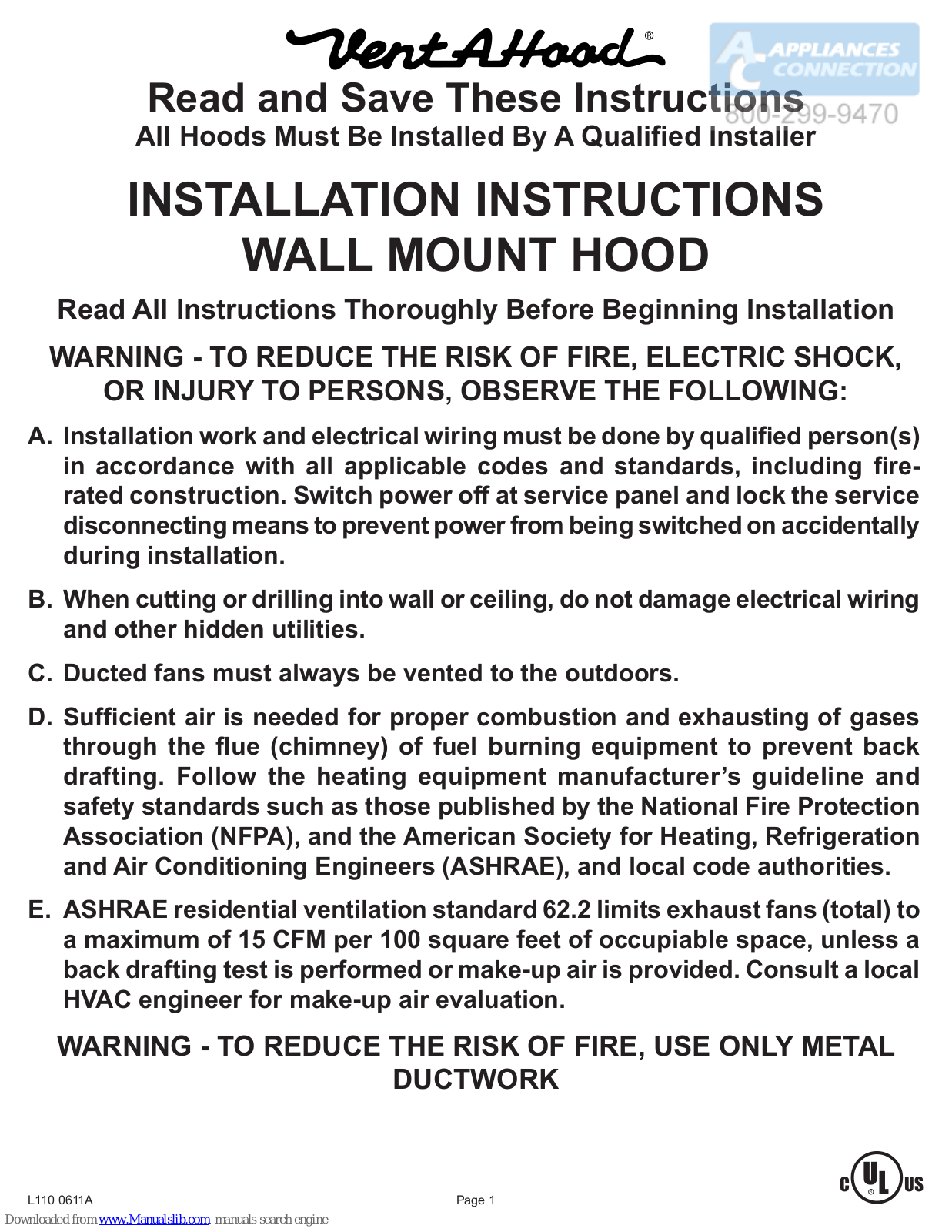 Vent-a-Hood WALL MOUNT HOOD Installation Instructions Manual