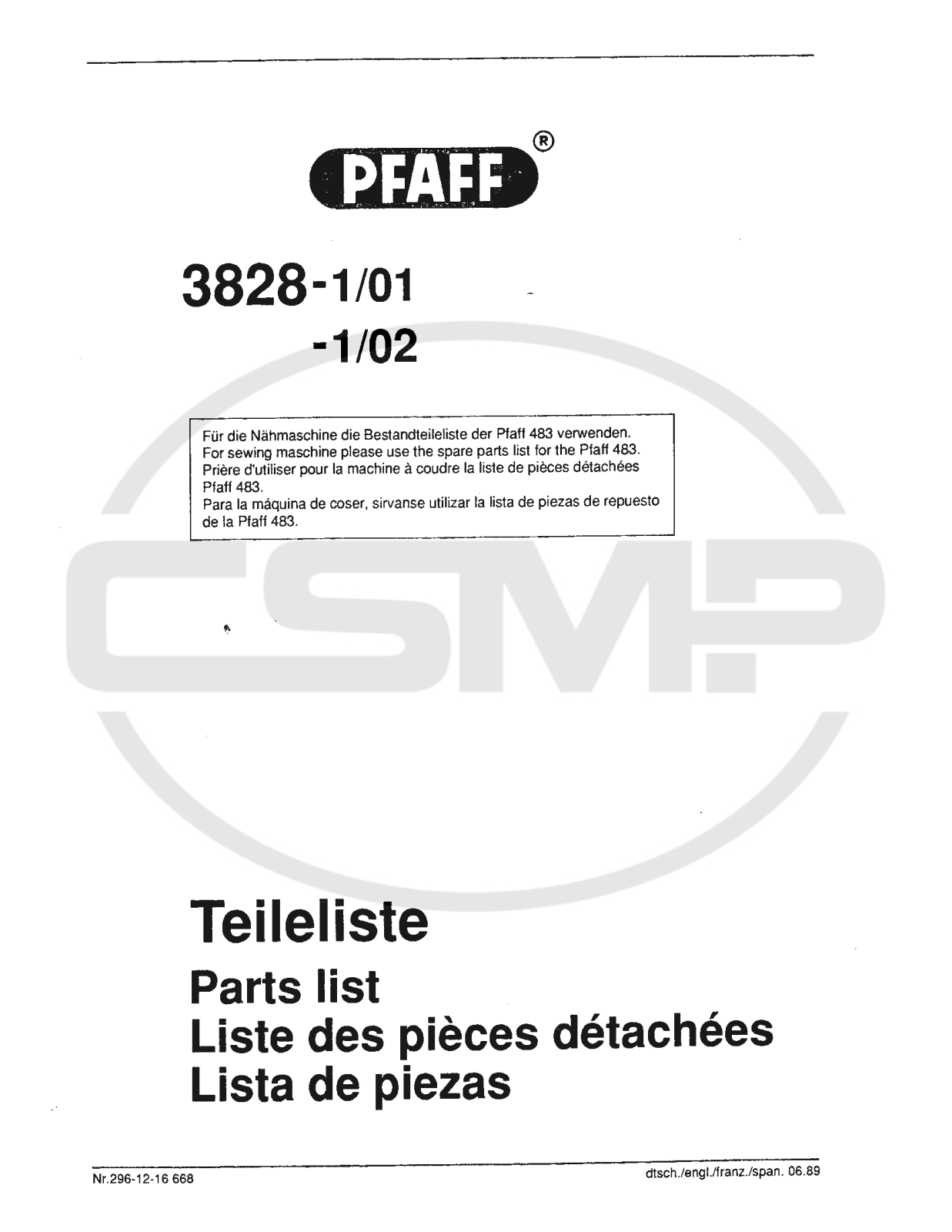 Pfaff 3828 Parts Book