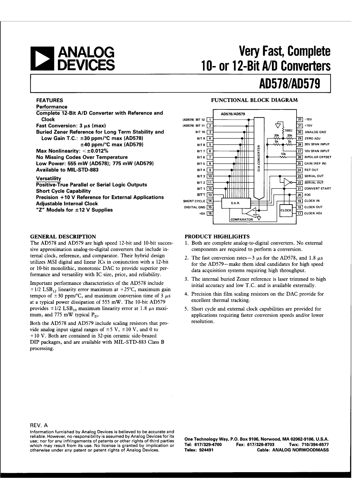 Analog Devices AD579TD-883B, AD579TD, AD579KN, AD579JN, AD578TD-883B Datasheet