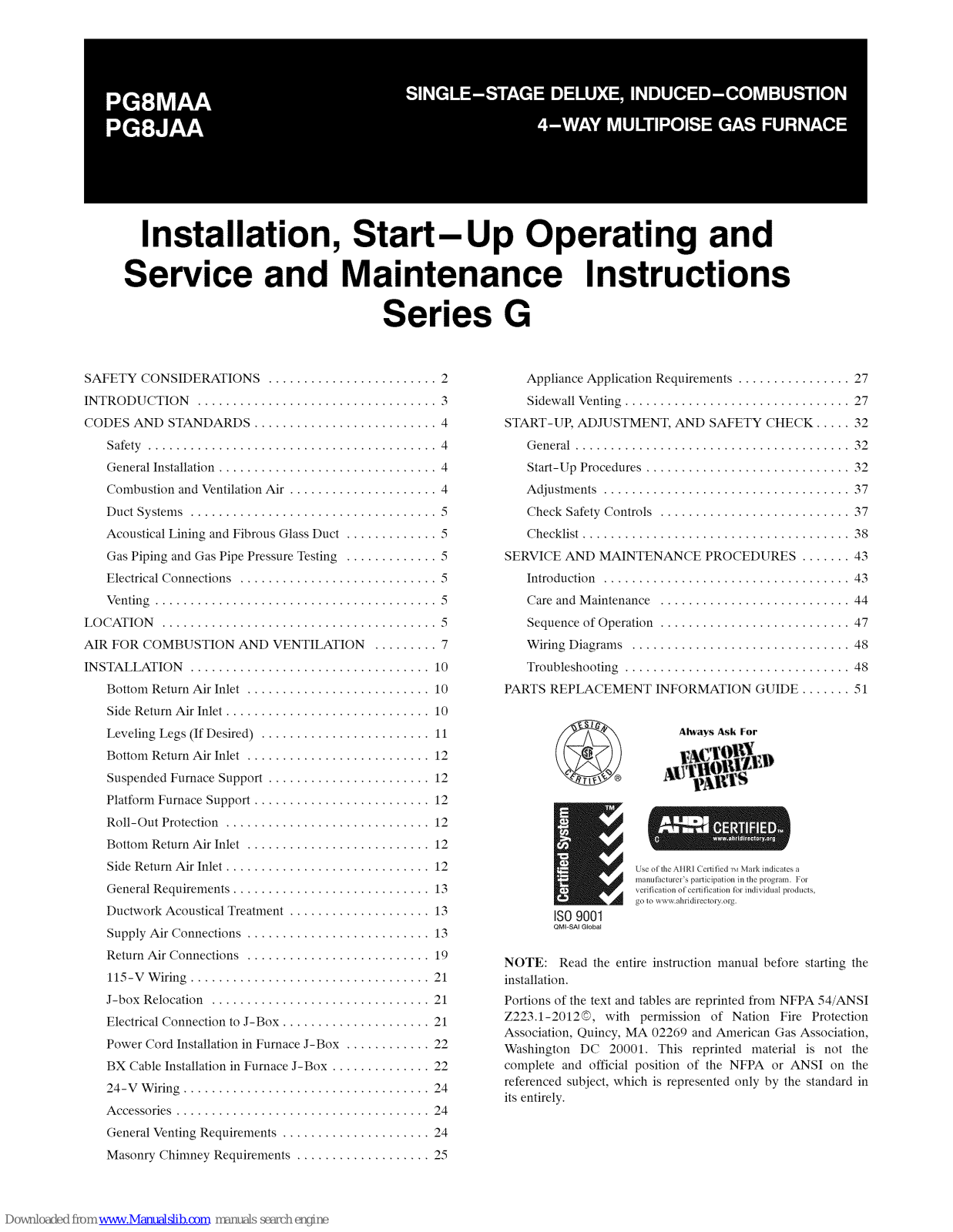 Sears PG8MAA, PG8JAA Installation, Start-up And Service Instructions Manual - ManualMachine.com